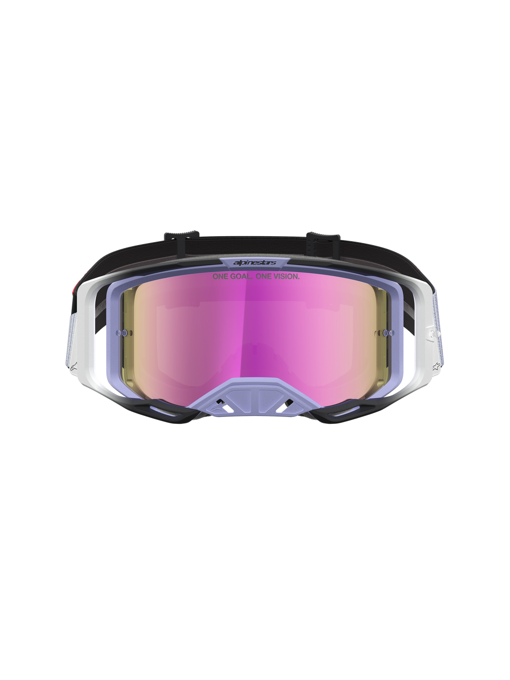 Alpinestars Vision 8 Maven Motocross-Schutzbrille, RAM-AIR Belüftung, Rahmen in Lila und Schwarz, rosa verspiegelte Linse.