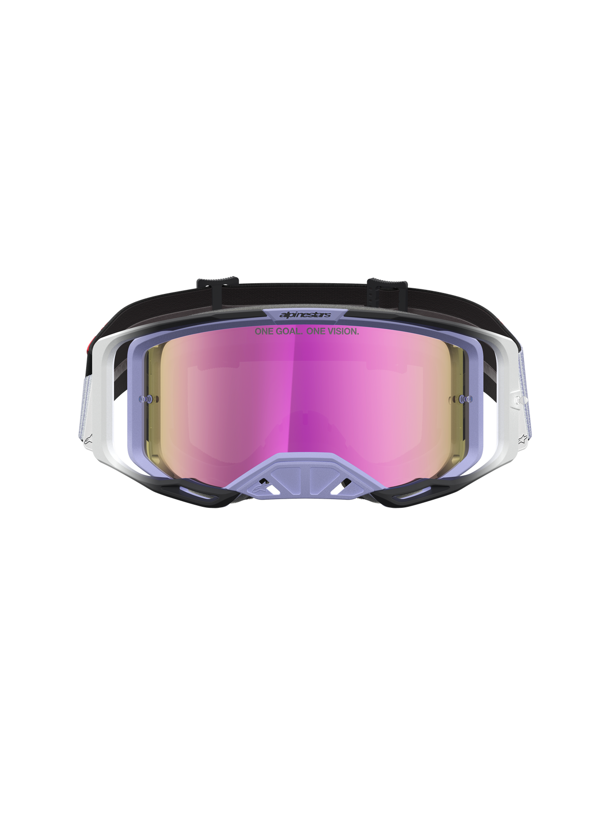 Alpinestars Vision 8 Maven Motocross-Schutzbrille, RAM-AIR Belüftung, Rahmen in Lila und Schwarz, rosa verspiegelte Linse.