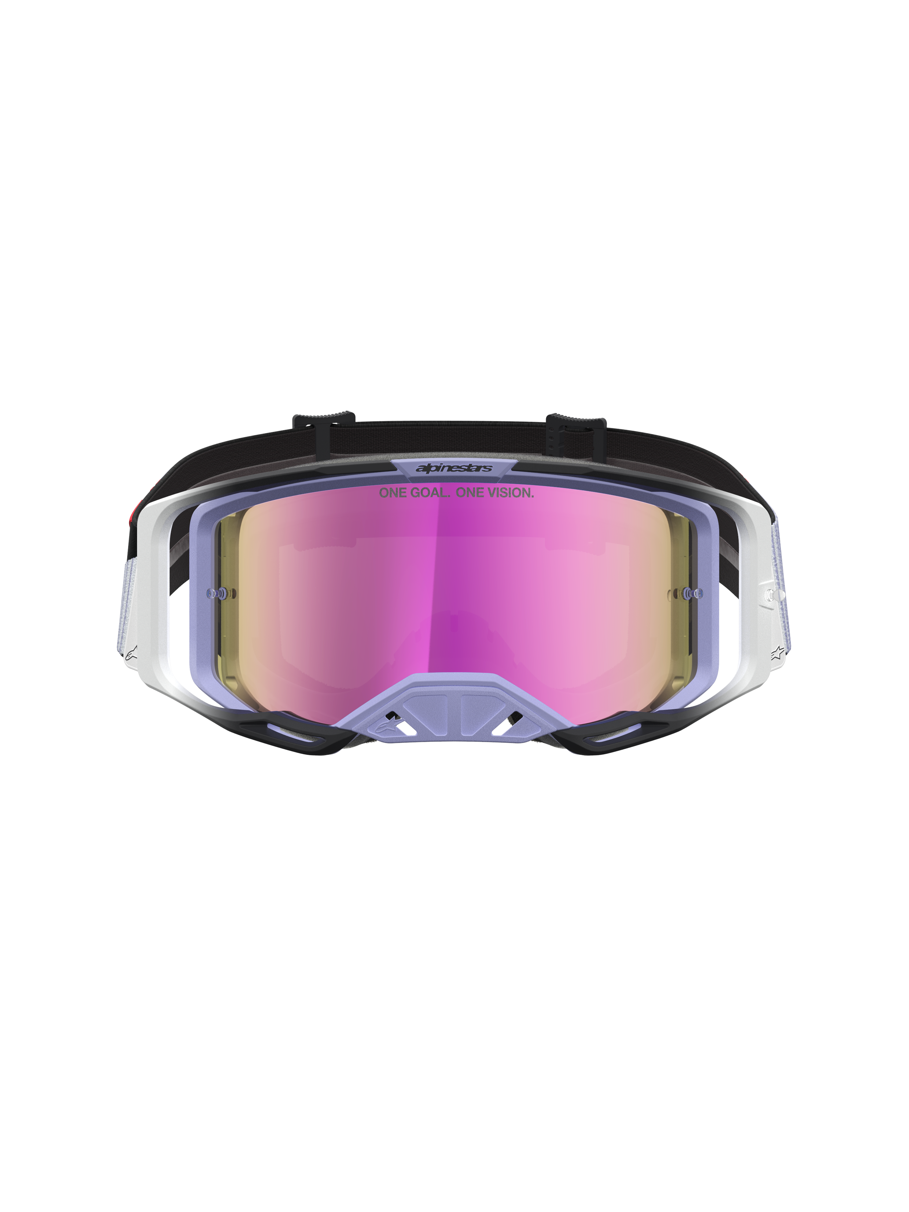 Alpinestars Vision 8 Maven Motocross-Schutzbrille, RAM-AIR Belüftung, Rahmen in Lila und Schwarz, rosa verspiegelte Linse.