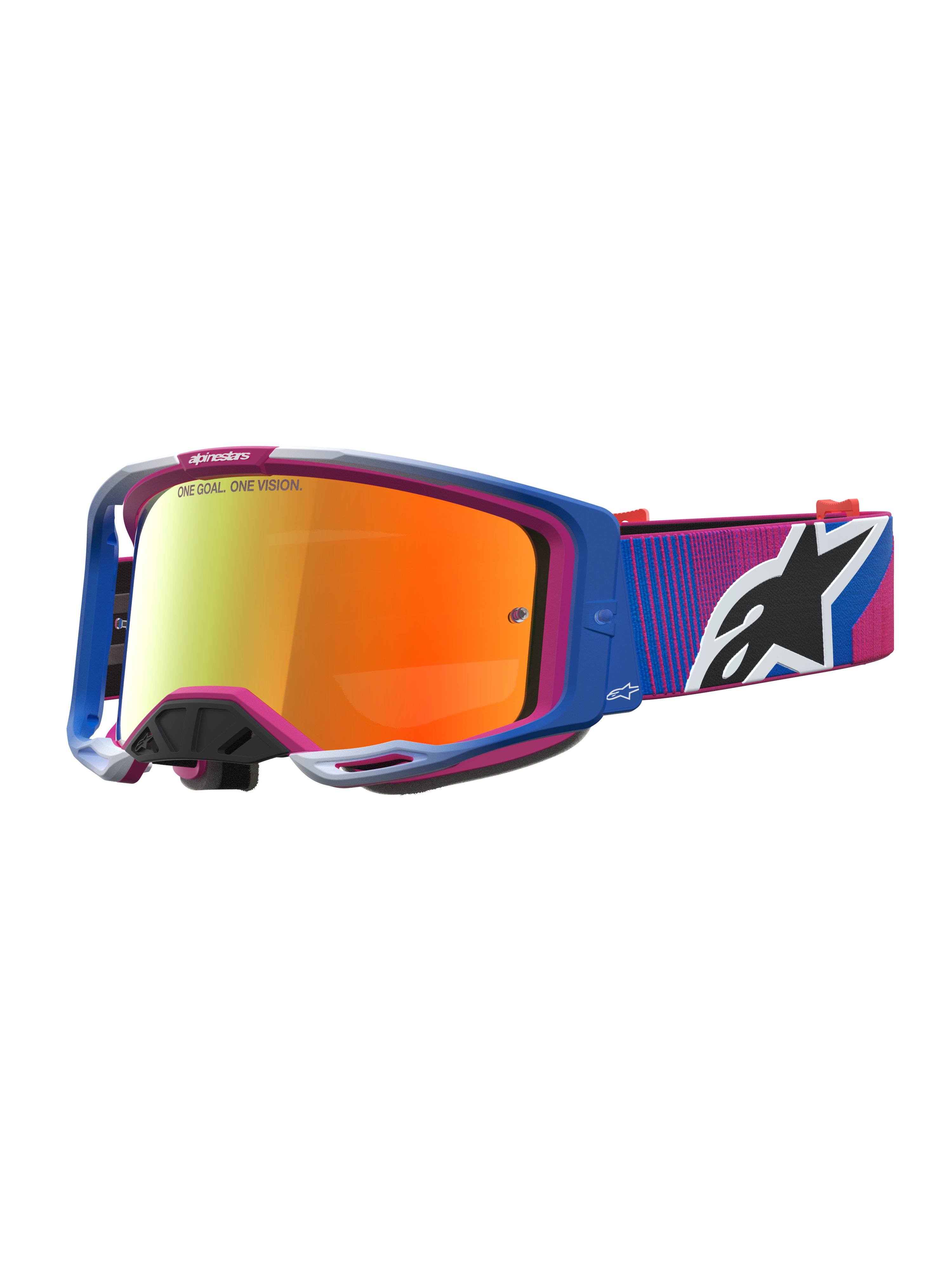 Alpinestars Vision 8 Maven Goggles, Motocross, Blue and Pink, Red Mirror Lens, lightweight A-FLEX frame construction.
