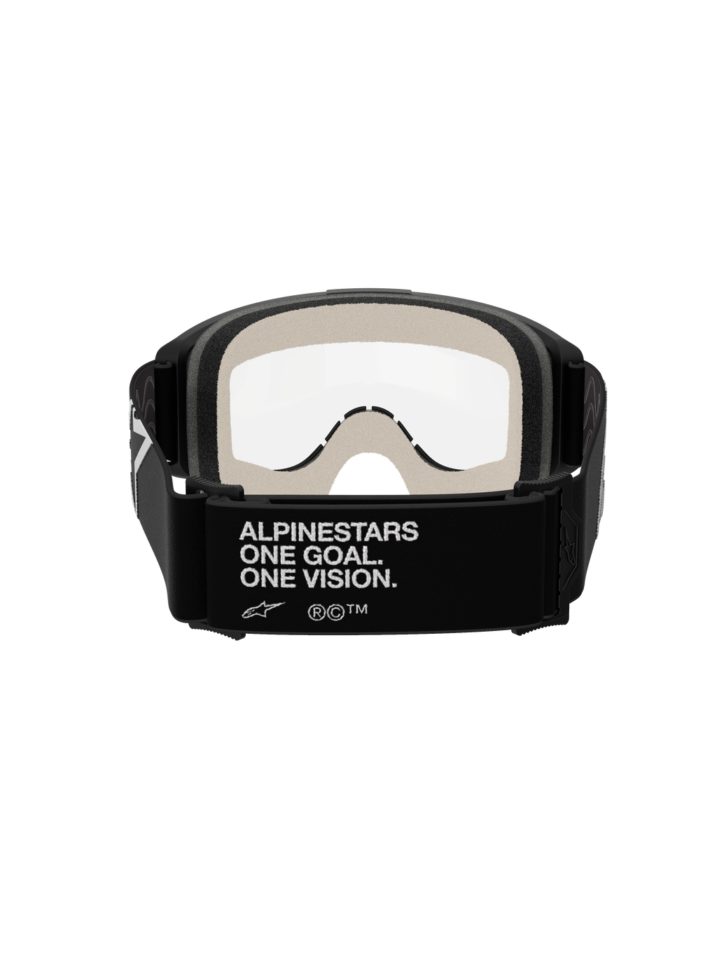 Alpinestars Vision 5 Corp Goggles, Motocross-Brille, Schwarz und Klar, Rückansicht mit schwarzem Band und weißem „ALPINESTARS ONE GOAL. ONE VISION.“-Branding, hellgrauem Gesichtsschaum und klarer Anti-Beschlag-Scheibe.