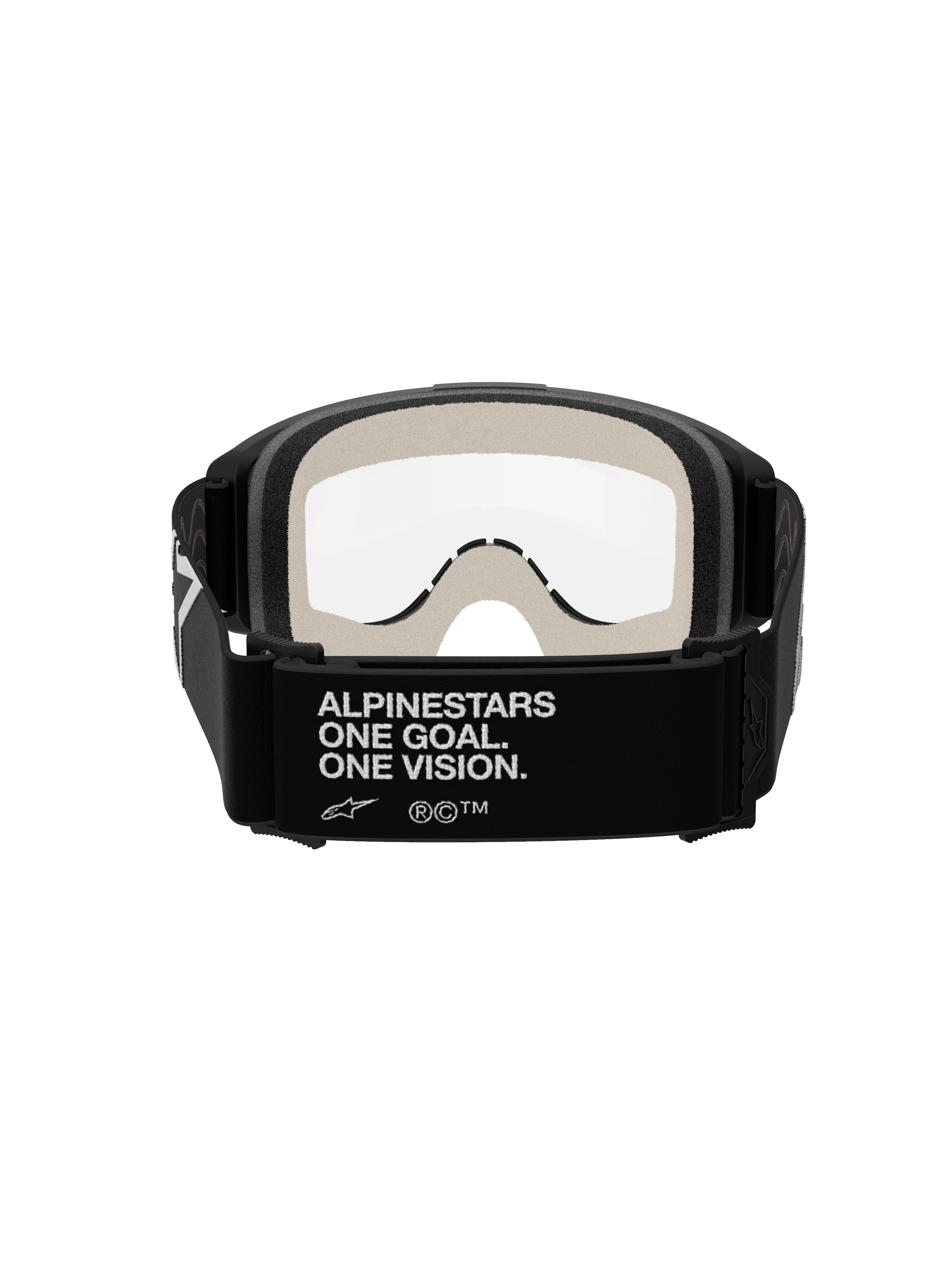Alpinestars Vision 5 Corp Goggles, Motocross-Brille, Schwarz und Klar, Rückansicht mit schwarzem Band und weißem „ALPINESTARS ONE GOAL. ONE VISION.“-Branding, hellgrauem Gesichtsschaum und klarer Anti-Beschlag-Scheibe.