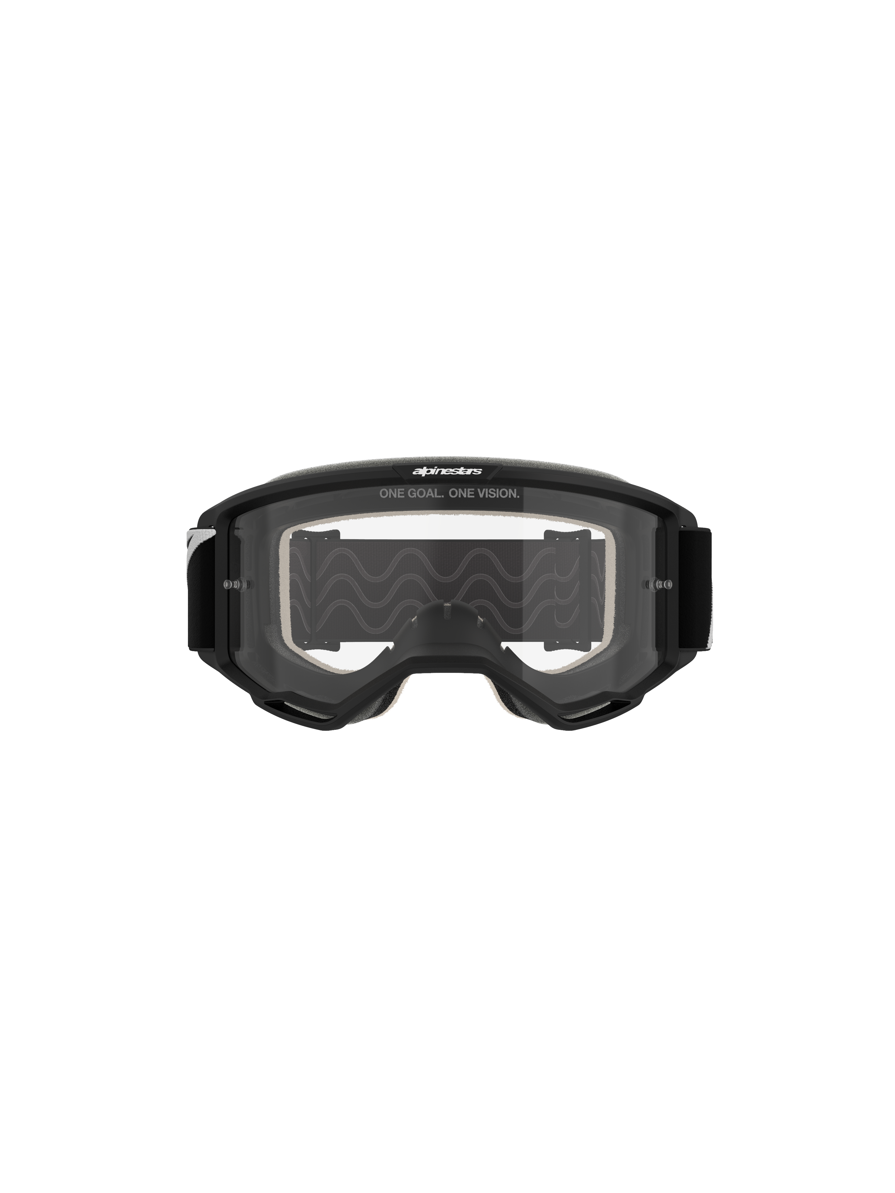 Alpinestars Vision 5 Corp Goggles, Motocross-Brille, schwarzer Rahmen mit klarer Linse, Frontansicht, mit 'ONE GOAL. ONE VISION.' Branding oben, weites Sichtfeld für den Offroad-Rennsport.