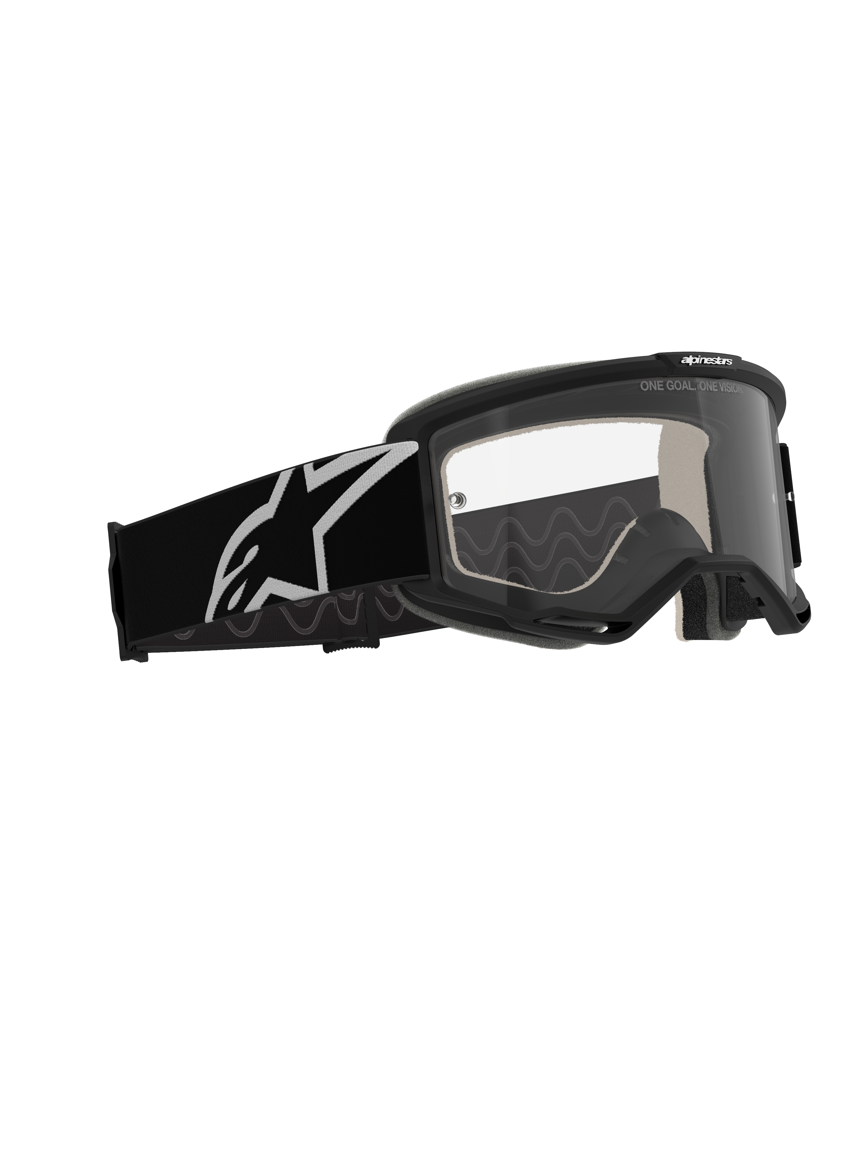 Alpinestars Vision 5 Corp Goggles, Motocross-Brille, schwarzer Rahmen mit klarer Anti-Beschlag-Linse, breites schwarzes Band mit weißem Astars-Logo, Performance-Offroad-Brille mit RAM-AIR-Belüftung