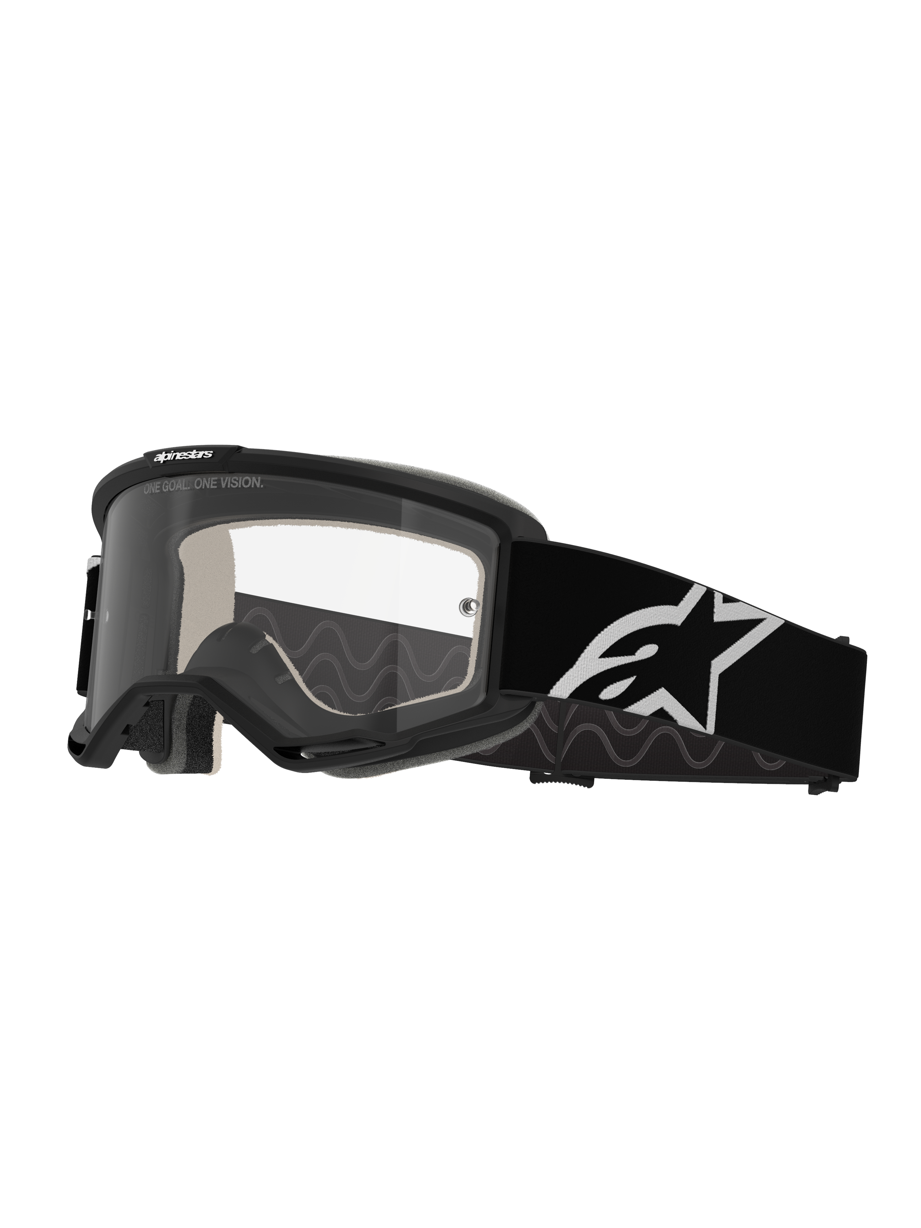 Alpinestars Vision 5 Corp Goggles, Motocross-Brille, Schwarz und Klar, klare Antibeschlag-Linse, schwarzer Rahmen mit RAM-AIR-Belüftung, breites schwarzes Band mit weißem Stern-Logo, konzipiert für den Offroad-Rennsport