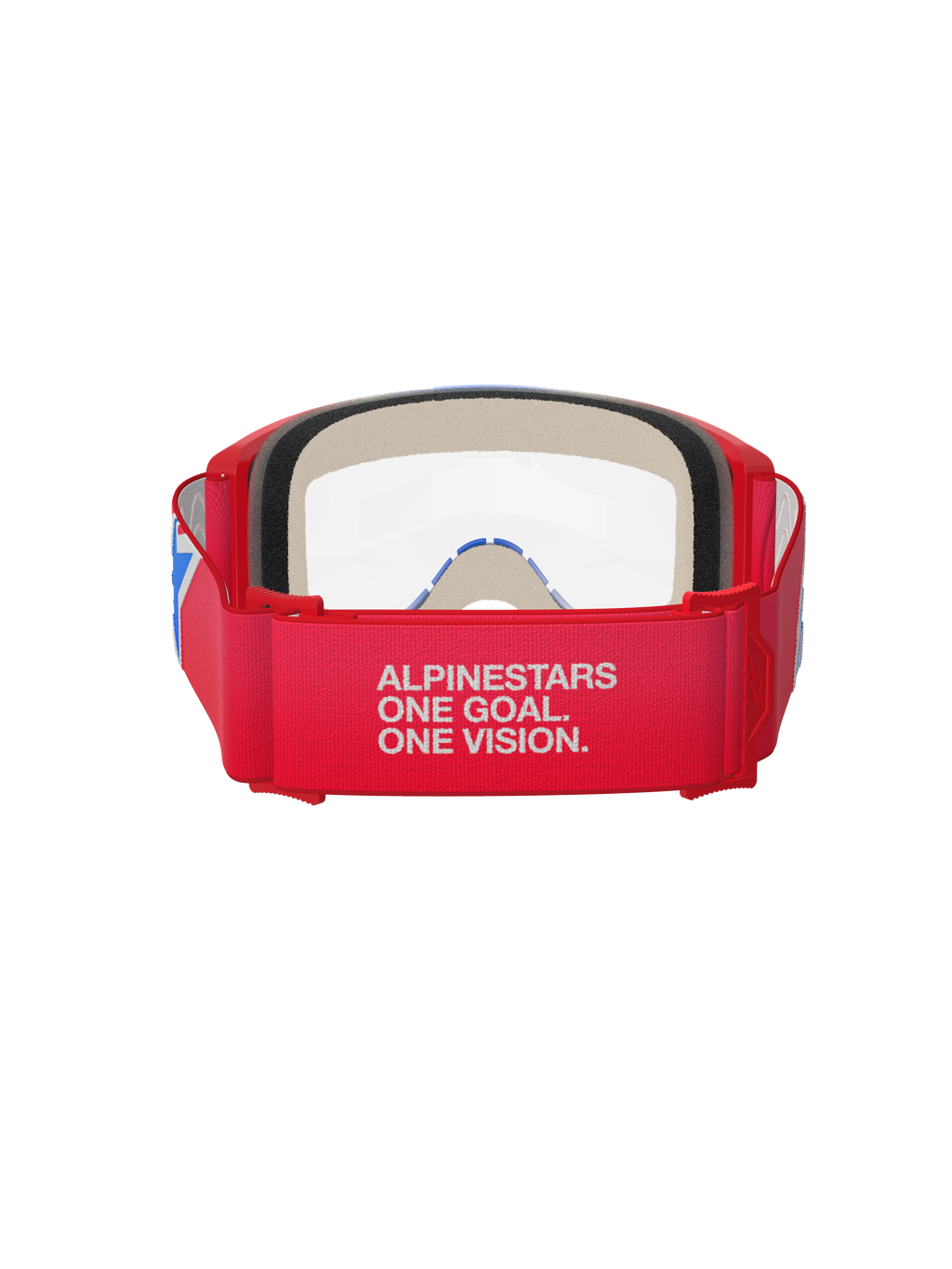 Alpinestars Vision 5 Corp Brille, Motocross-Brille, Rot, Weiß und Blau mit klarer Sichtscheibe, Rückansicht mit breitem, rot gewebtem Band und weißem 'ALPINESTARS ONE GOAL. ONE VISION.'-Branding, roter Urethan-Rahmen und dicker Gesichtsschaum, für professionelle Offroad-Performance entwickelt