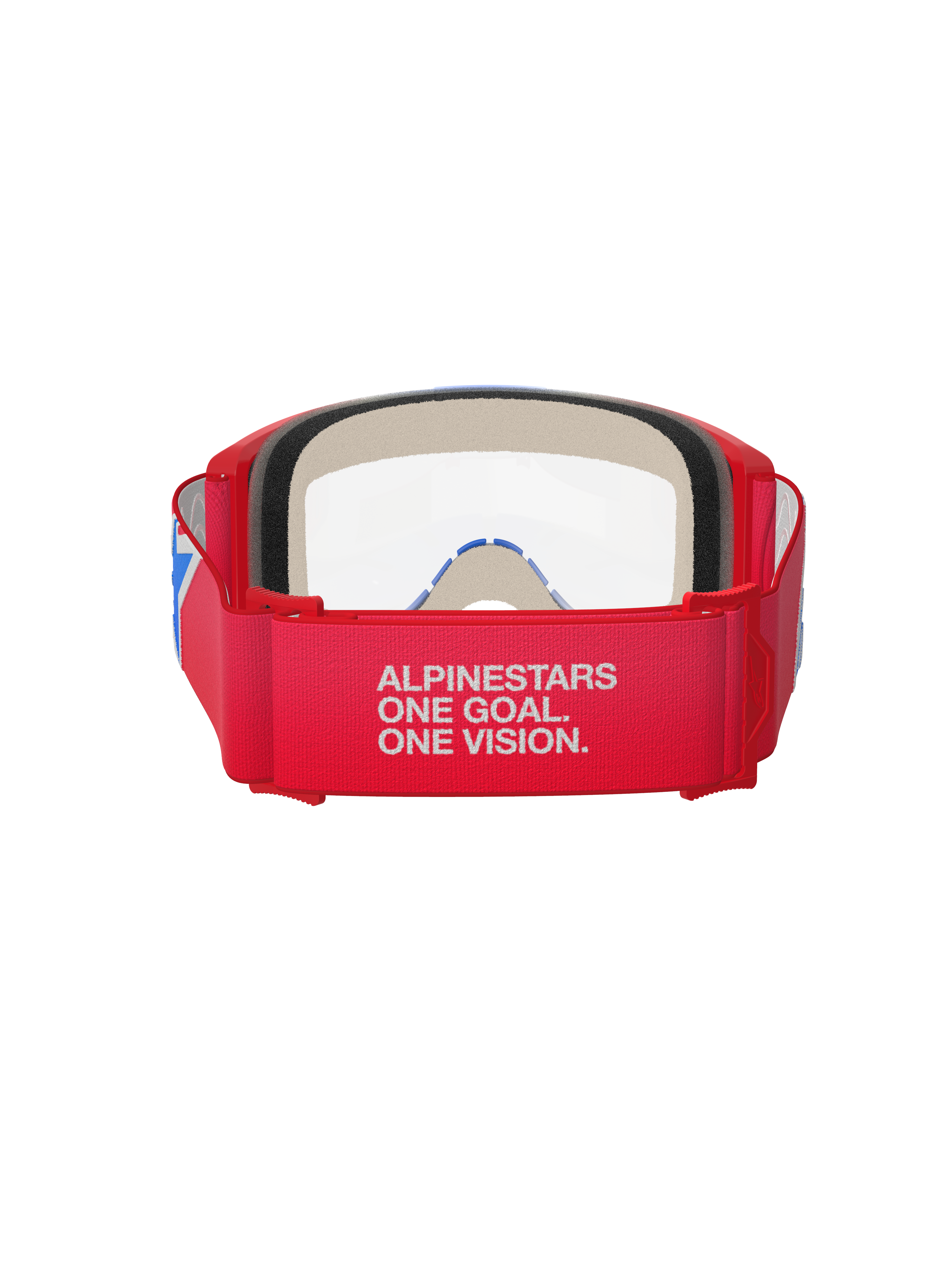 Alpinestars Vision 5 Corp Brille, Motocross-Brille, Rot, Weiß und Blau mit klarer Sichtscheibe, Rückansicht mit breitem, rot gewebtem Band und weißem 'ALPINESTARS ONE GOAL. ONE VISION.'-Branding, roter Urethan-Rahmen und dicker Gesichtsschaum, für professionelle Offroad-Performance entwickelt