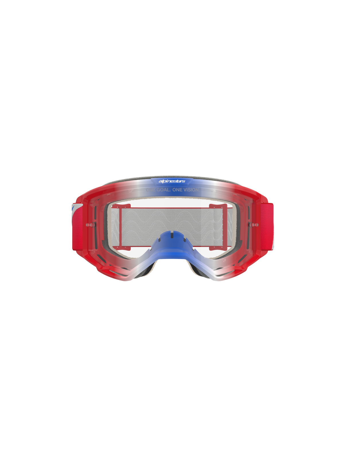 Alpinestars Vision 5 Corp Schutzbrille, Motocross-Brille, Rot, Weiß und Blau mit klarem Glas, roter Rahmen mit blau-weißen Farbübergängen, roter gewebter Gurt, mit „ONE GOAL. ONE VISION.“-Branding auf dem Glas, strapazierfähiger Augenschutz für Offroad-Rennen