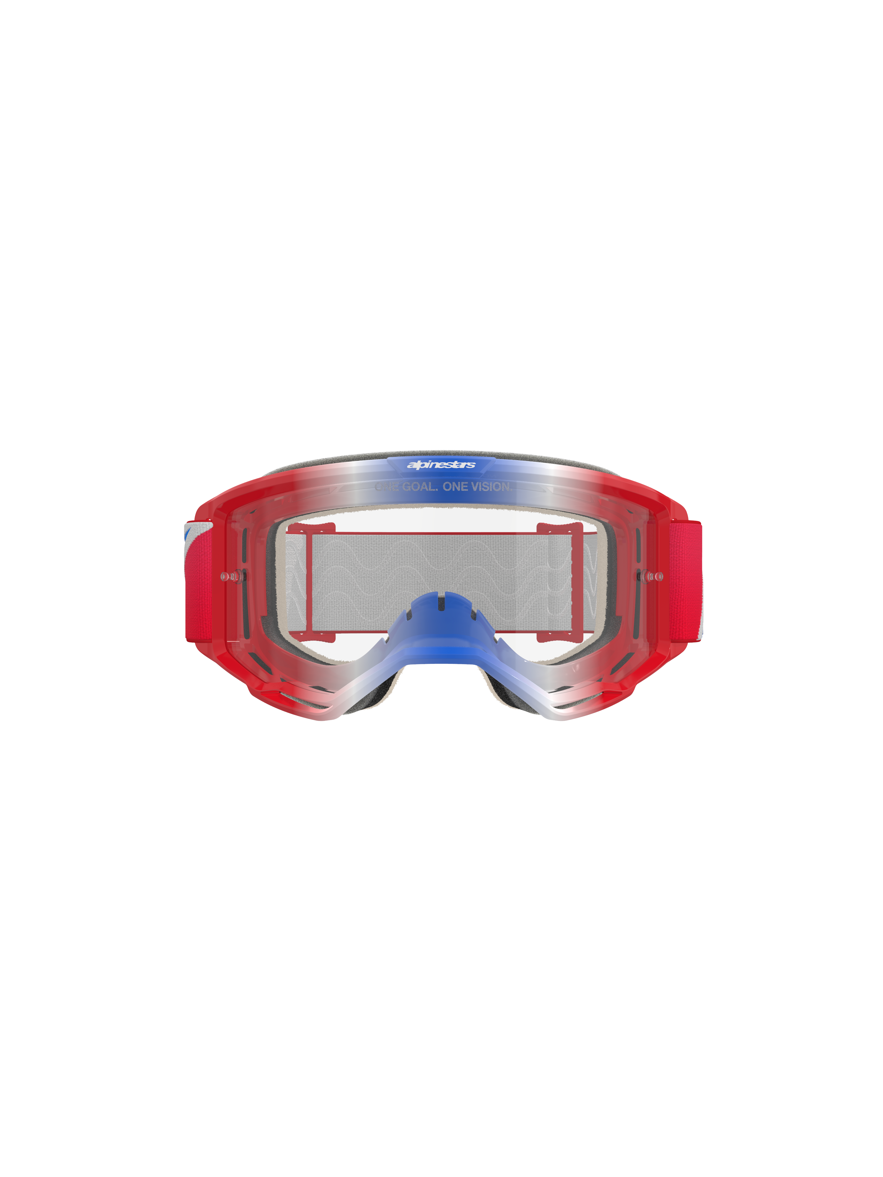 Alpinestars Vision 5 Corp Schutzbrille, Motocross-Brille, Rot, Weiß und Blau mit klarem Glas, roter Rahmen mit blau-weißen Farbübergängen, roter gewebter Gurt, mit „ONE GOAL. ONE VISION.“-Branding auf dem Glas, strapazierfähiger Augenschutz für Offroad-Rennen