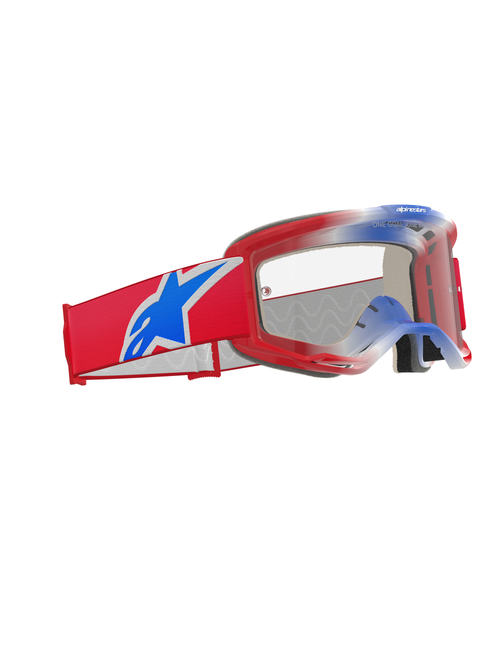 Alpinestars Vision 5 Corp Brille, Motocross-Brille, Rot, Weiß und Blau mit klarem Glas, breites rotes gewebtes Band mit großem blauen Alpinestars-Sternlogo, leichter roter A-FLEX-Rahmen, Hochleistungs-Augenschutz für den Offroad-Rennsport