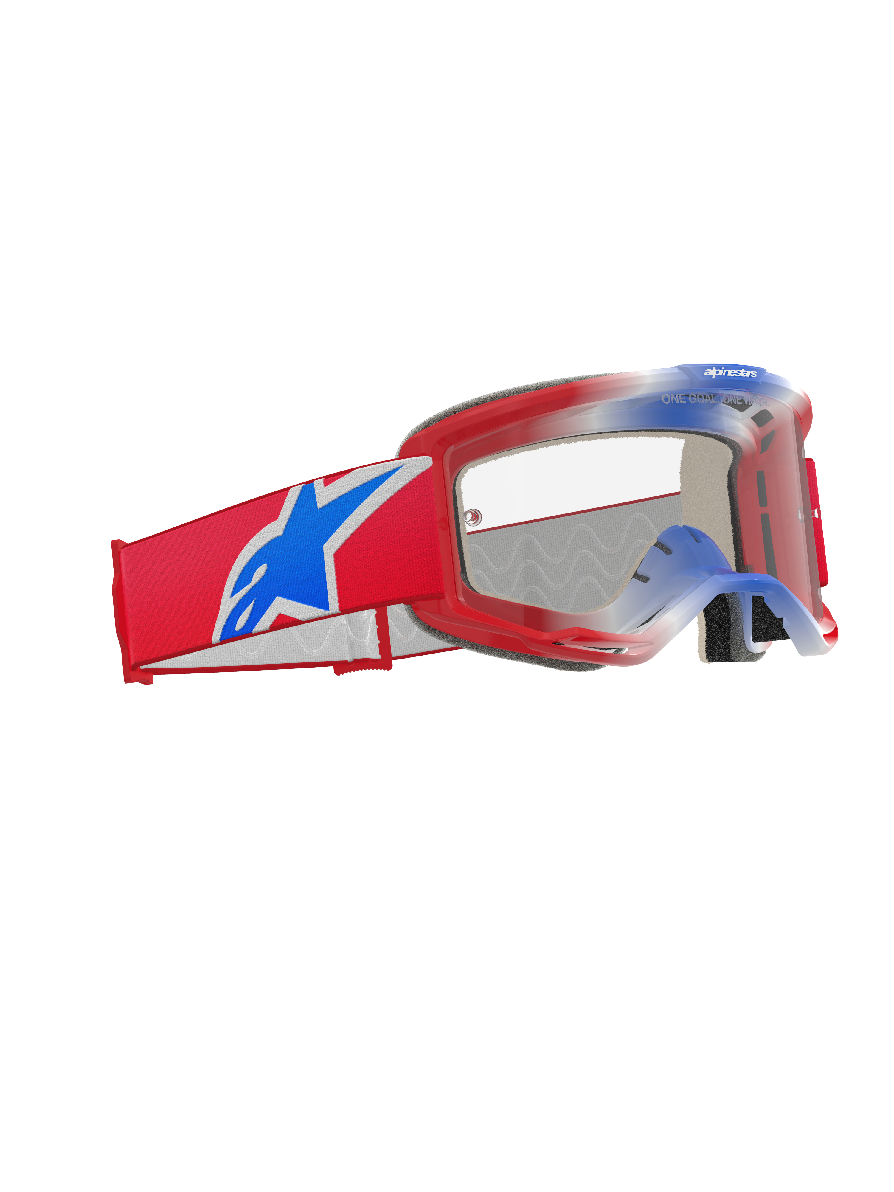 Alpinestars Vision 5 Corp Brille, Motocross-Brille, Rot, Weiß und Blau mit klarem Glas, breites rotes gewebtes Band mit großem blauen Alpinestars-Sternlogo, leichter roter A-FLEX-Rahmen, Hochleistungs-Augenschutz für den Offroad-Rennsport