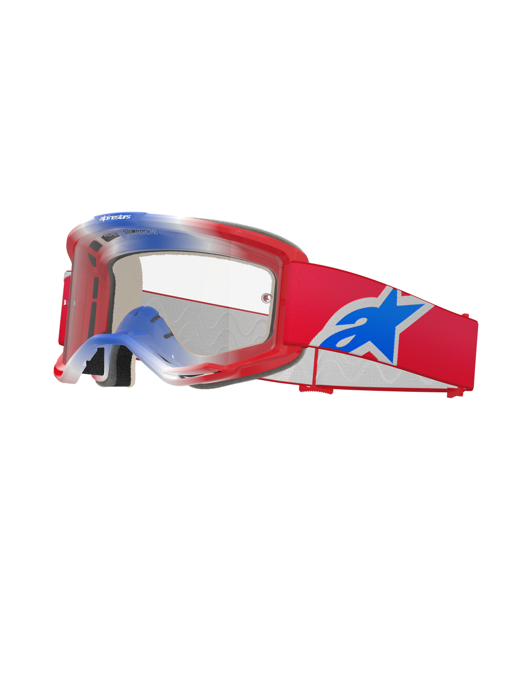 Alpinestars Vision 5 Corp Goggles, Motocross-Brille, Rot, Weiß und Blau, Klares Glas, Rotes Gestell mit blau-weißem Farbverlauf, rotes Band mit großem blau-weißem Alpinestars-Sternlogo, mehrschichtige Schaumstoffpolsterung, Hochleistungs-Rennbrille
