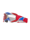 Alpinestars Vision 5 Corp Goggles, Motocross-Brille, Rot, Weiß und Blau, Klares Glas, Rotes Gestell mit blau-weißem Farbverlauf, rotes Band mit großem blau-weißem Alpinestars-Sternlogo, mehrschichtige Schaumstoffpolsterung, Hochleistungs-Rennbrille