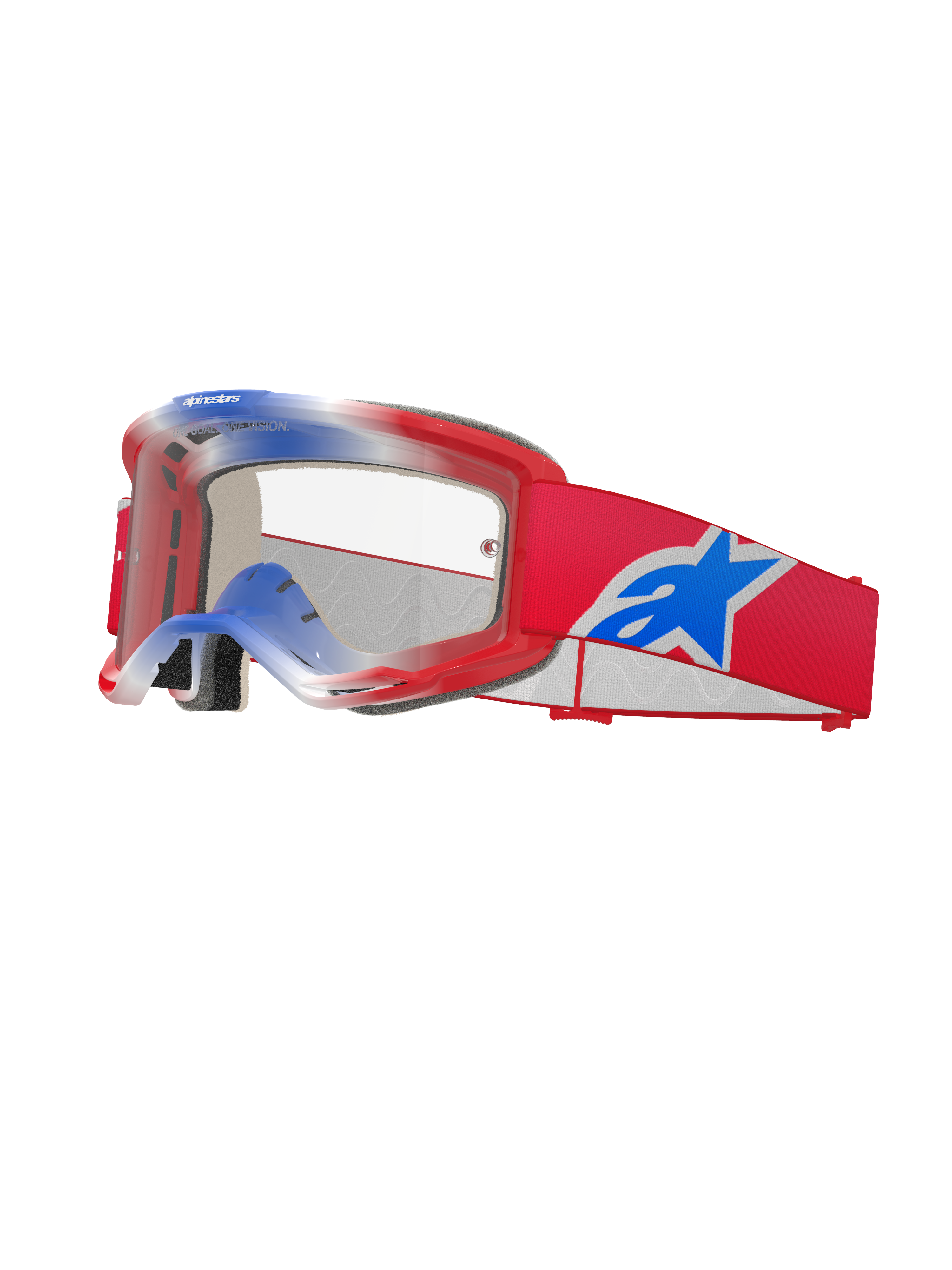 Alpinestars Vision 5 Corp Goggles, Motocross-Brille, Rot, Weiß und Blau, Klares Glas, Rotes Gestell mit blau-weißem Farbverlauf, rotes Band mit großem blau-weißem Alpinestars-Sternlogo, mehrschichtige Schaumstoffpolsterung, Hochleistungs-Rennbrille