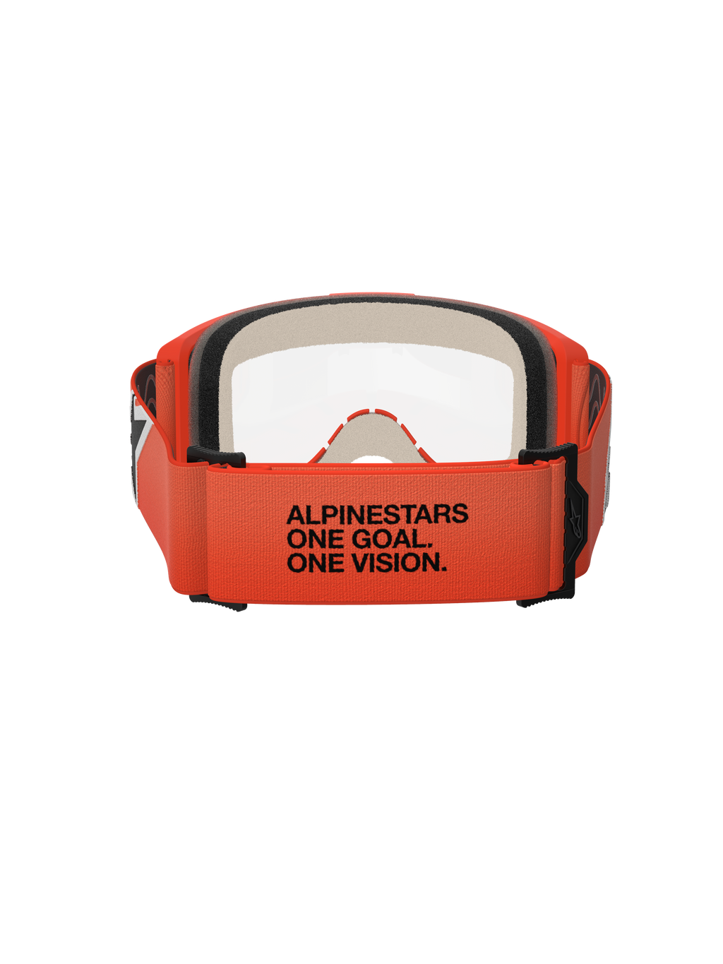 Alpinestars Vision 5 Corp Schutzbrille, Rückansicht, oranges Brillenband mit schwarzem „ALPINESTARS ONE GOAL. ONE VISION.“ Schriftzug, oranger Rahmen und klare Sichtscheibe, Motocross-Augenschutz