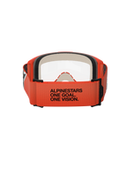 Alpinestars Vision 5 Corp Schutzbrille, Rückansicht, oranges Brillenband mit schwarzem „ALPINESTARS ONE GOAL. ONE VISION.“ Schriftzug, oranger Rahmen und klare Sichtscheibe, Motocross-Augenschutz