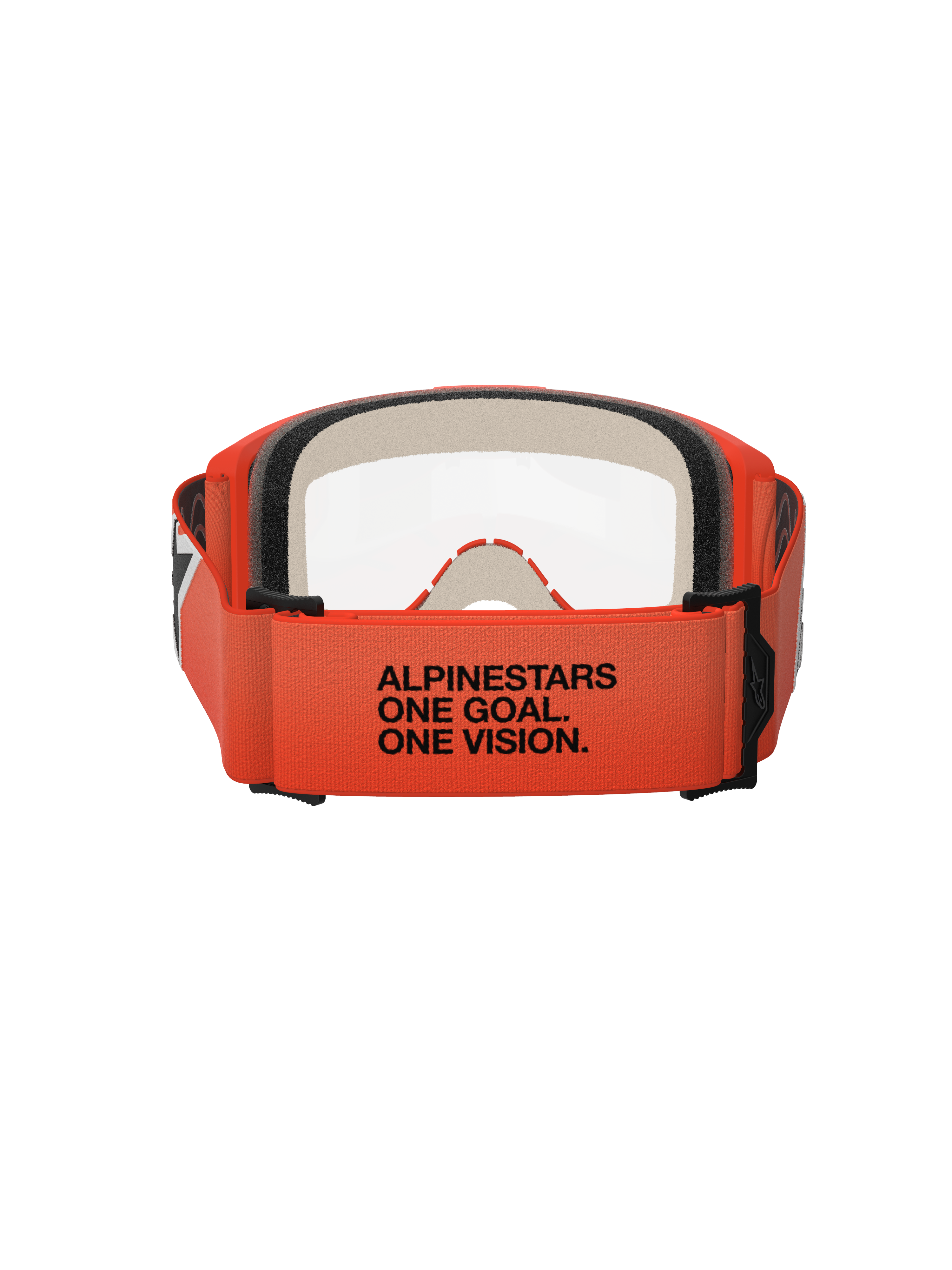 Alpinestars Vision 5 Corp Schutzbrille, Rückansicht, oranges Brillenband mit schwarzem „ALPINESTARS ONE GOAL. ONE VISION.“ Schriftzug, oranger Rahmen und klare Sichtscheibe, Motocross-Augenschutz