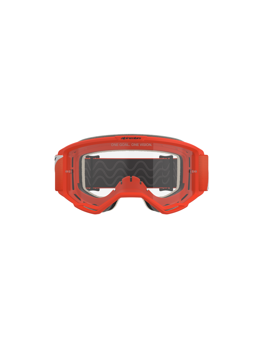 Alpinestars Vision 5 Corp Goggles, Motocross-Brille, Orange mit klarer Linse, Vorderansicht mit leuchtend orangem Rahmen, transparente Anti-Beschlag-Linse mit „One Goal. One Vision.“-Branding, grauer Gesichtsschaum und schwarzes Band mit wellenförmiger Silikon-Haftung.