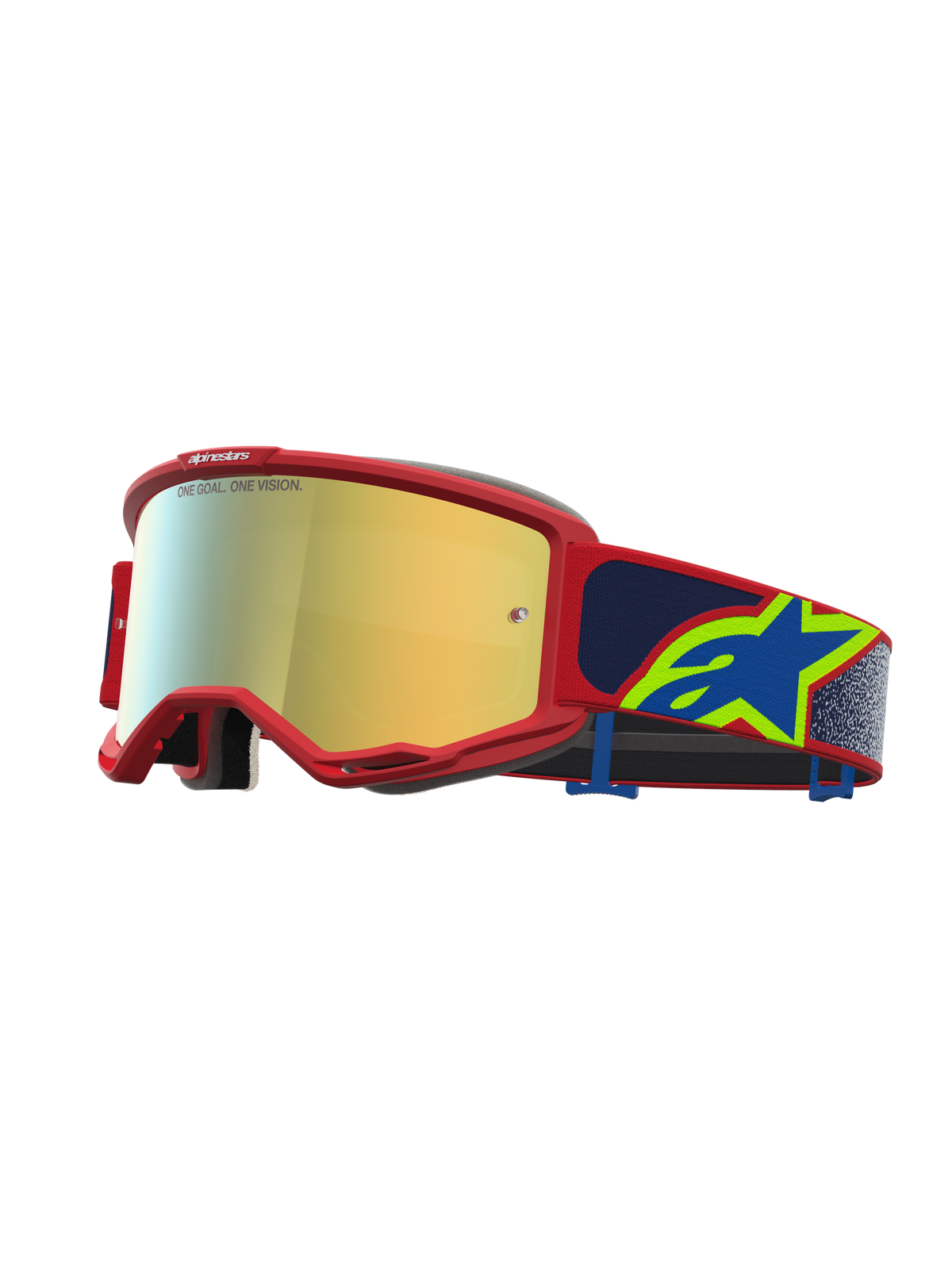 Alpinestars Vision 5 Drag Goggles, Motocross Racing Goggles, Red Frame with Gold Mirror Lens and Blue Star Logo Strap.
