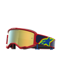 Alpinestars Vision 5 Schutzbrille Drag, Motocross-Rennbrille, roter Rahmen, gold verspiegelte Gläser, blauer Riemen mit Stern-Logo.