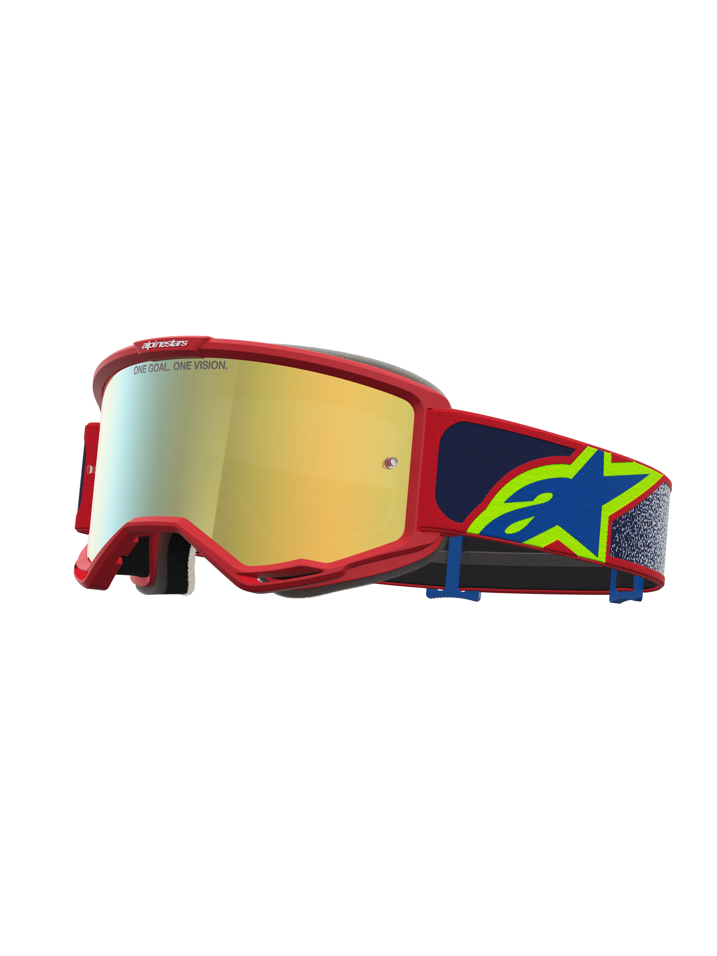 Alpinestars Vision 5 Schutzbrille Drag, Motocross-Rennbrille, roter Rahmen, gold verspiegelte Gläser, blauer Riemen mit Stern-Logo.
