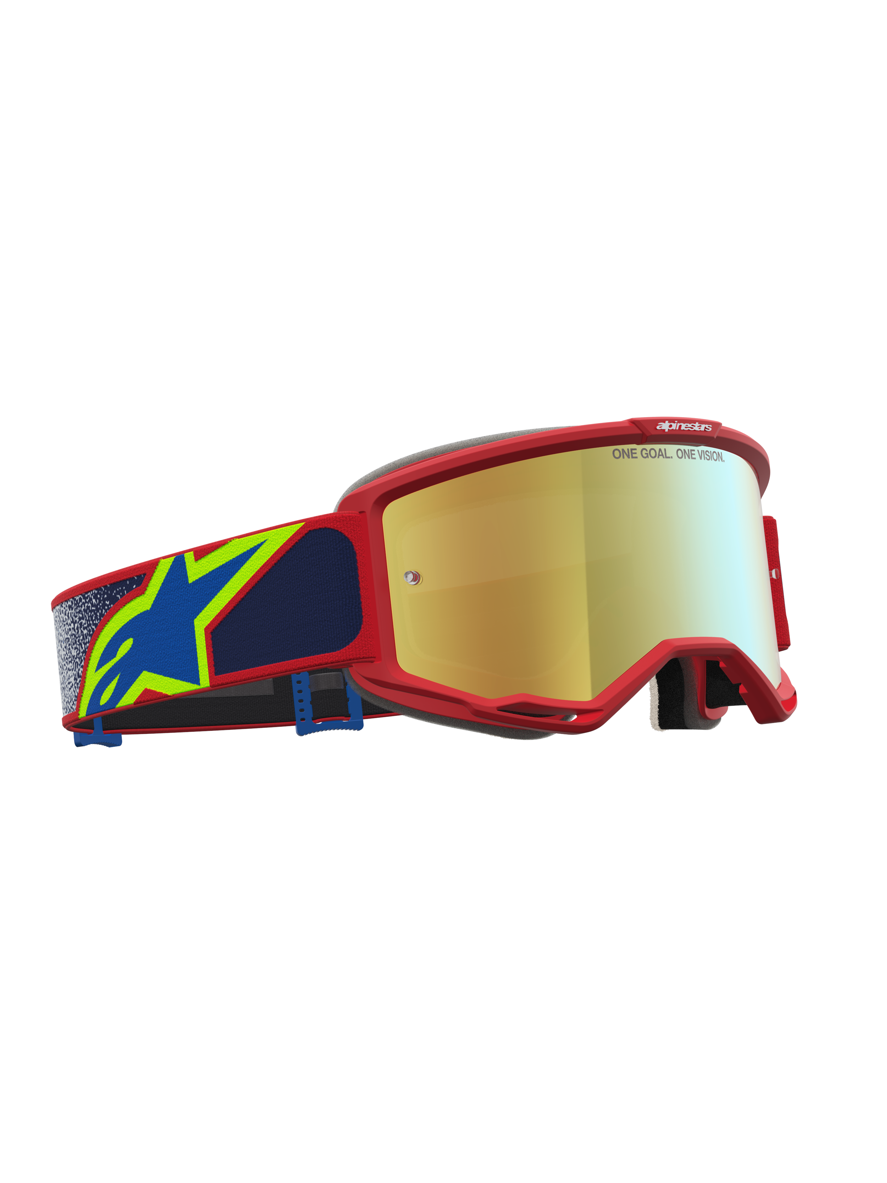 Alpinestars Vision 5 Schutzbrille Drag, Motocross-Schutzbrille mit rotem A-FLEX Urethanrahmen, gold verspiegelte Linse, blaues Band mit Logo, Offroad-Sport