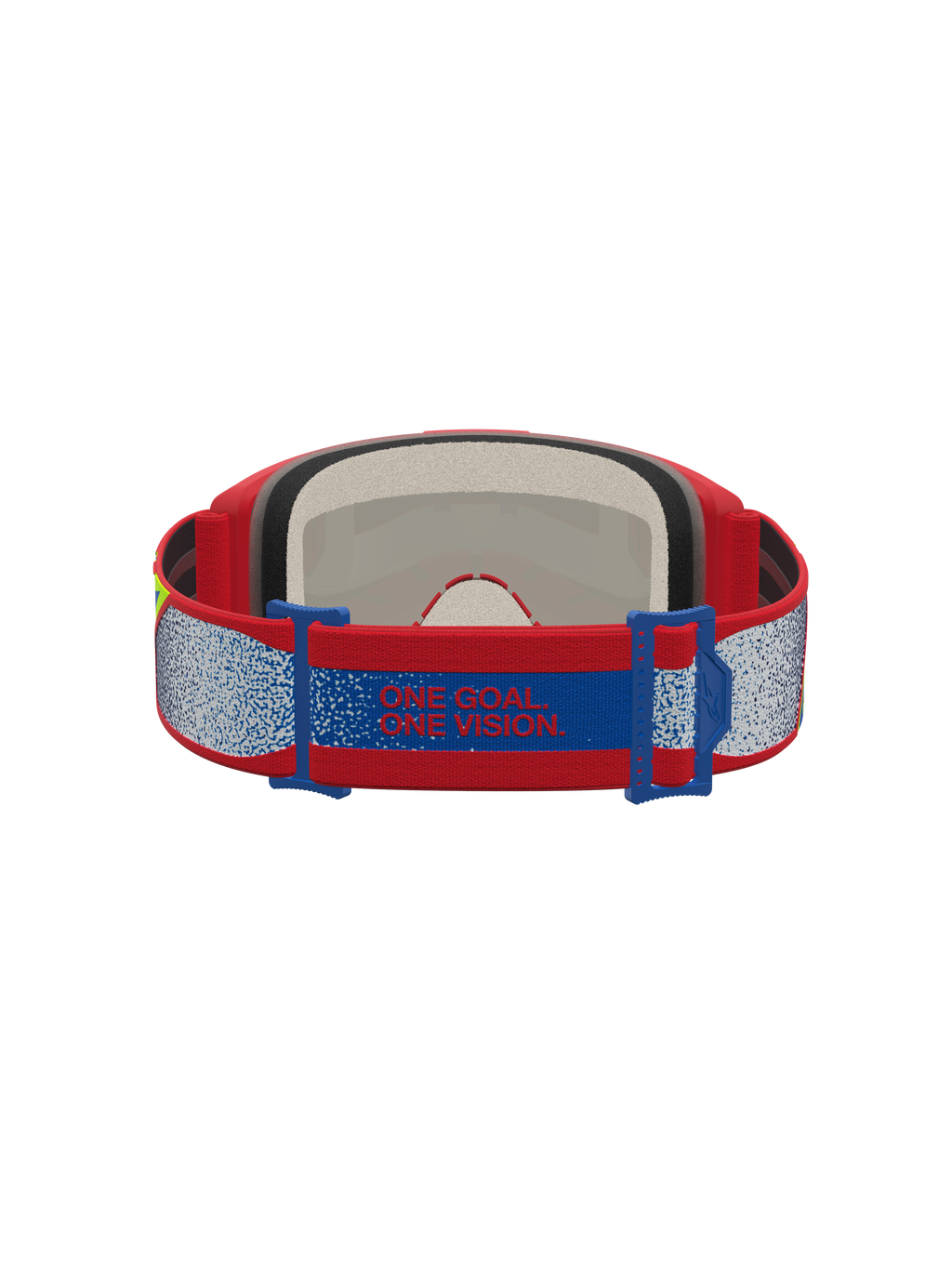 Alpinestars Vision 5 Schutzbrille Drag, Motocross-Schutzbrille in Rot und Blau, Rückansicht mit ONE GOAL. ONE VISION. Slogan auf dem Band und weichem Gesichtsschaum