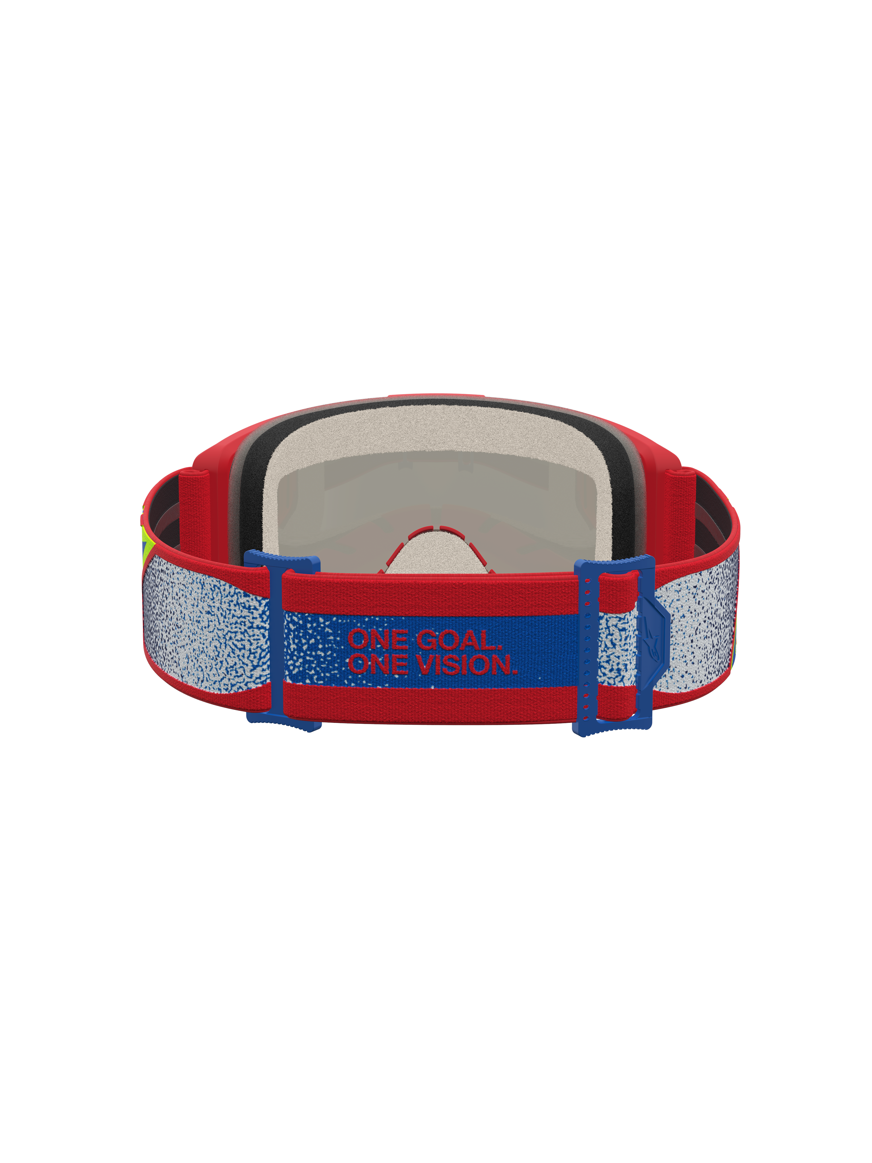 Alpinestars Vision 5 Schutzbrille Drag, Motocross-Schutzbrille in Rot und Blau, Rückansicht mit ONE GOAL. ONE VISION. Slogan auf dem Band und weichem Gesichtsschaum