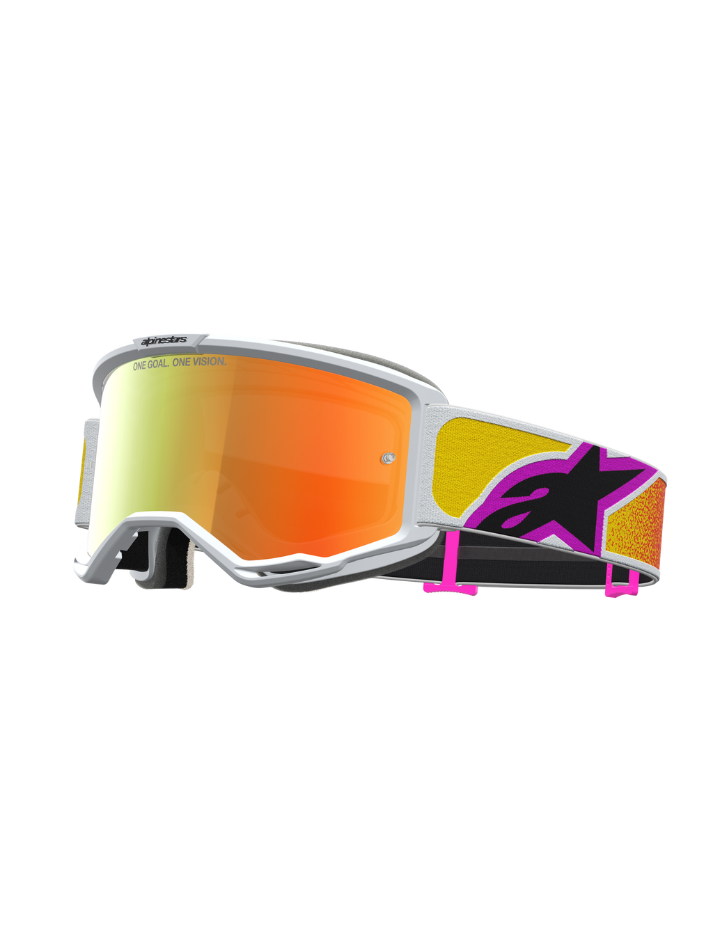 Alpinestars Vision 5 Schutzbrille Drag, Motocross-Brille mit orange-roter Verspiegelung, weißem Rahmen und RAM-AIR Belüftung.