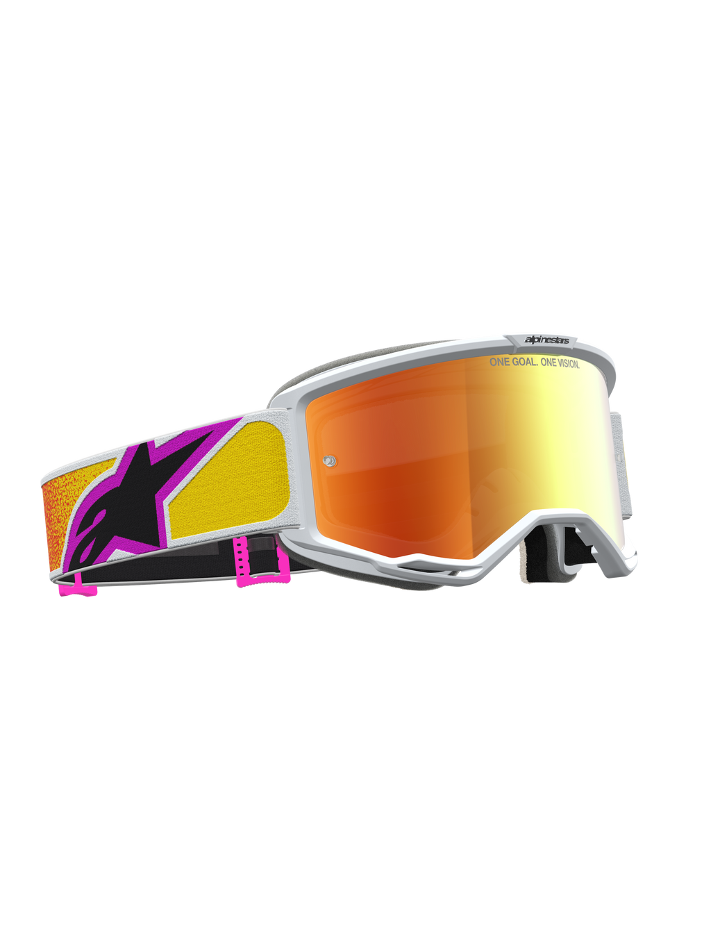 Alpinestars Vision 5 Schutzbrille Drag für Motocross, Orange und Rot verspiegelt, weißer A-FLEX-Rahmen.