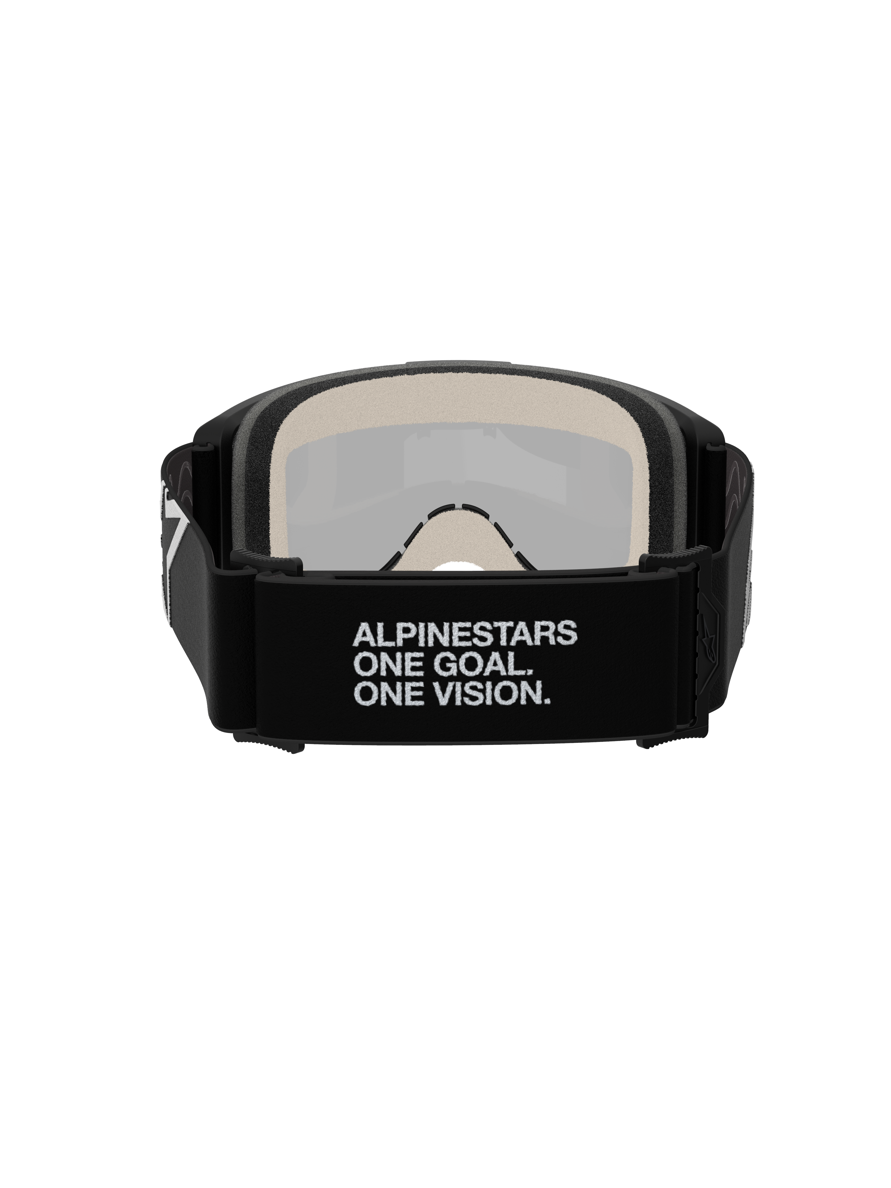 Alpinestars Vision 5 Corp Brille, Motocross-Brille, Rückansicht, mit schwarzem gewebtem Gurt und weißem 'ALPINESTARS ONE GOAL. ONE VISION.' Slogan, 17 mm mehrlagiger Gesichtsschaum, von innen sichtbares silber verspiegeltes Glas, für sicheren Sitz und Offroad-Performance