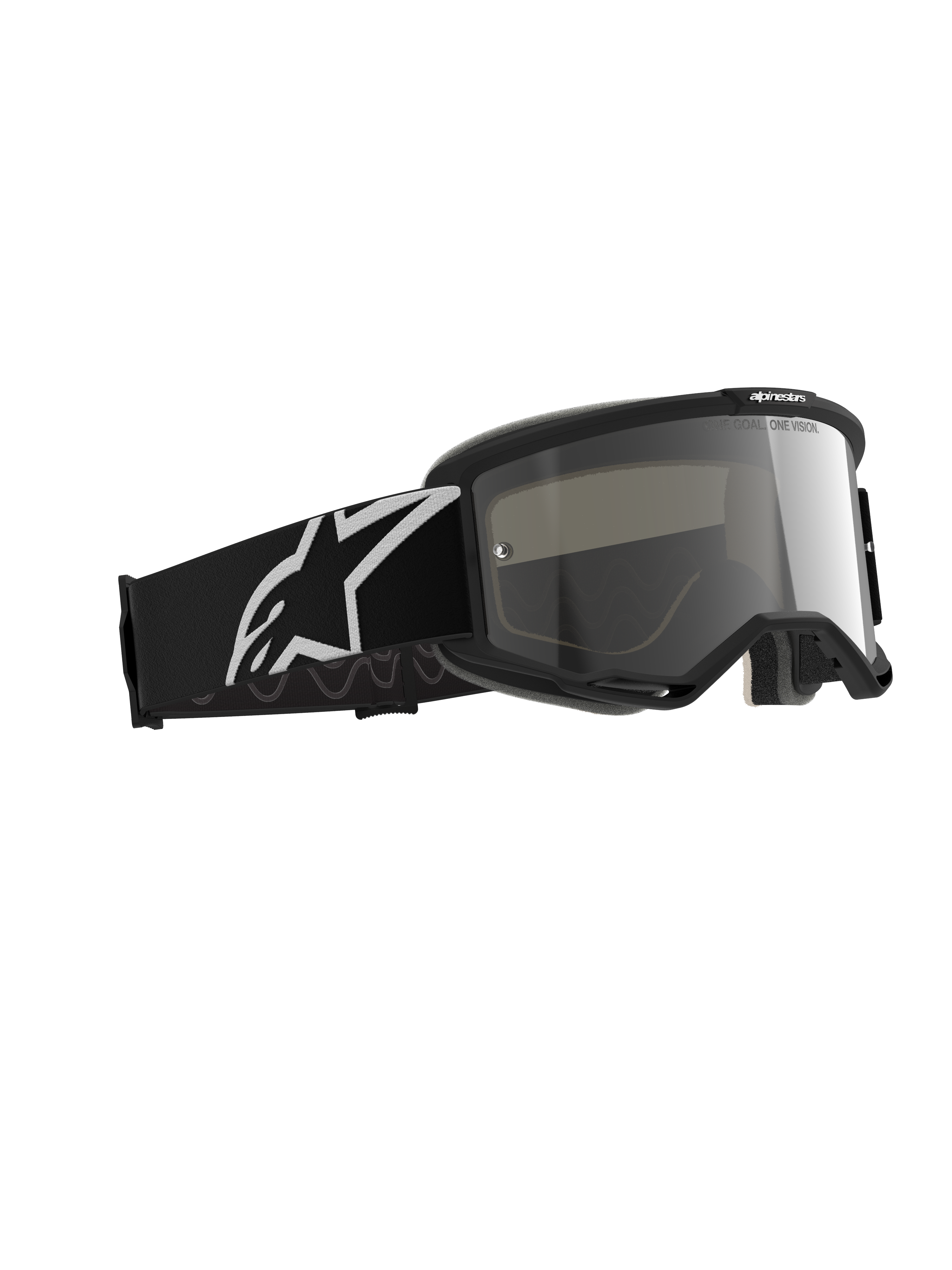 Alpinestars Vision 5 Corp Schutzbrille, Motocross-Brille, Black Mirror Silver, schwarzer Rahmen mit silber verspiegelter Scheibe, breites schwarzes Band mit großem weißem Alpinestars-Logo, konzipiert für Offroad-Performance