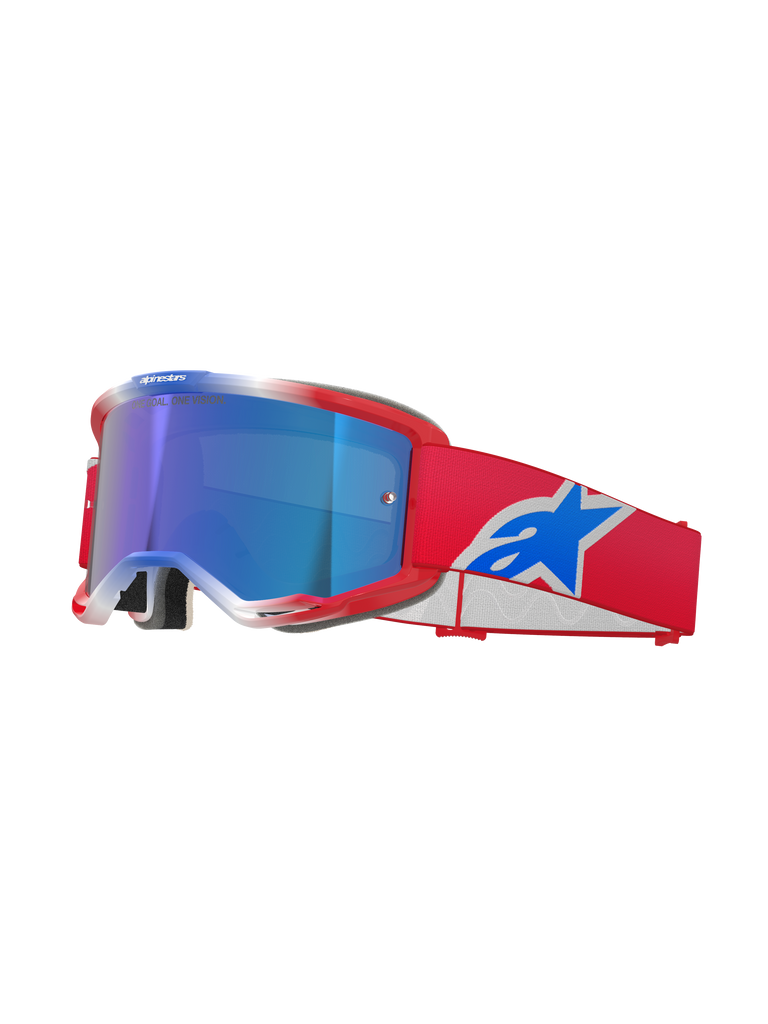 Alpinestars Vision 5 Corp Goggles, Motocross-Brille, Rot, Weiß und Blau, blau verspiegelte Linse, rotes Band mit blauem Alpinestars-Logo, flexibler roter Rahmen mit weißen Akzenten, Schutzbrille für den Offroad-Einsatz