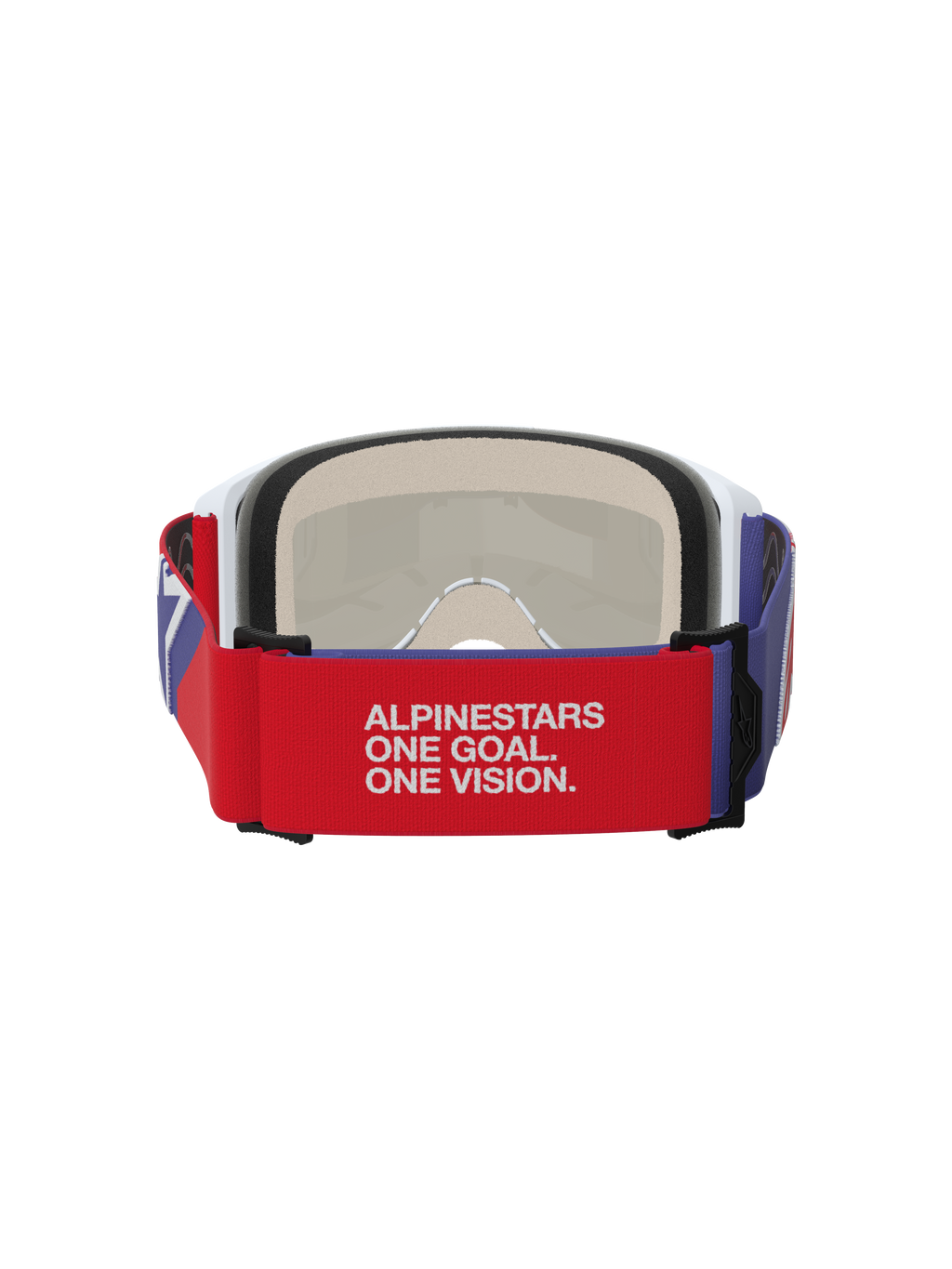 Alpinestars Vision 5 Corp Brille, Motocross-Brille, Rot und Lila, Rückansicht mit rotem elastischem Band mit weißem 'ALPINESTARS ONE GOAL. ONE VISION.' Slogan, weißer Rahmen mit beigem mehrstufigem Gesichtsschaum, strapazierfähiger Offroad-Augenschutz