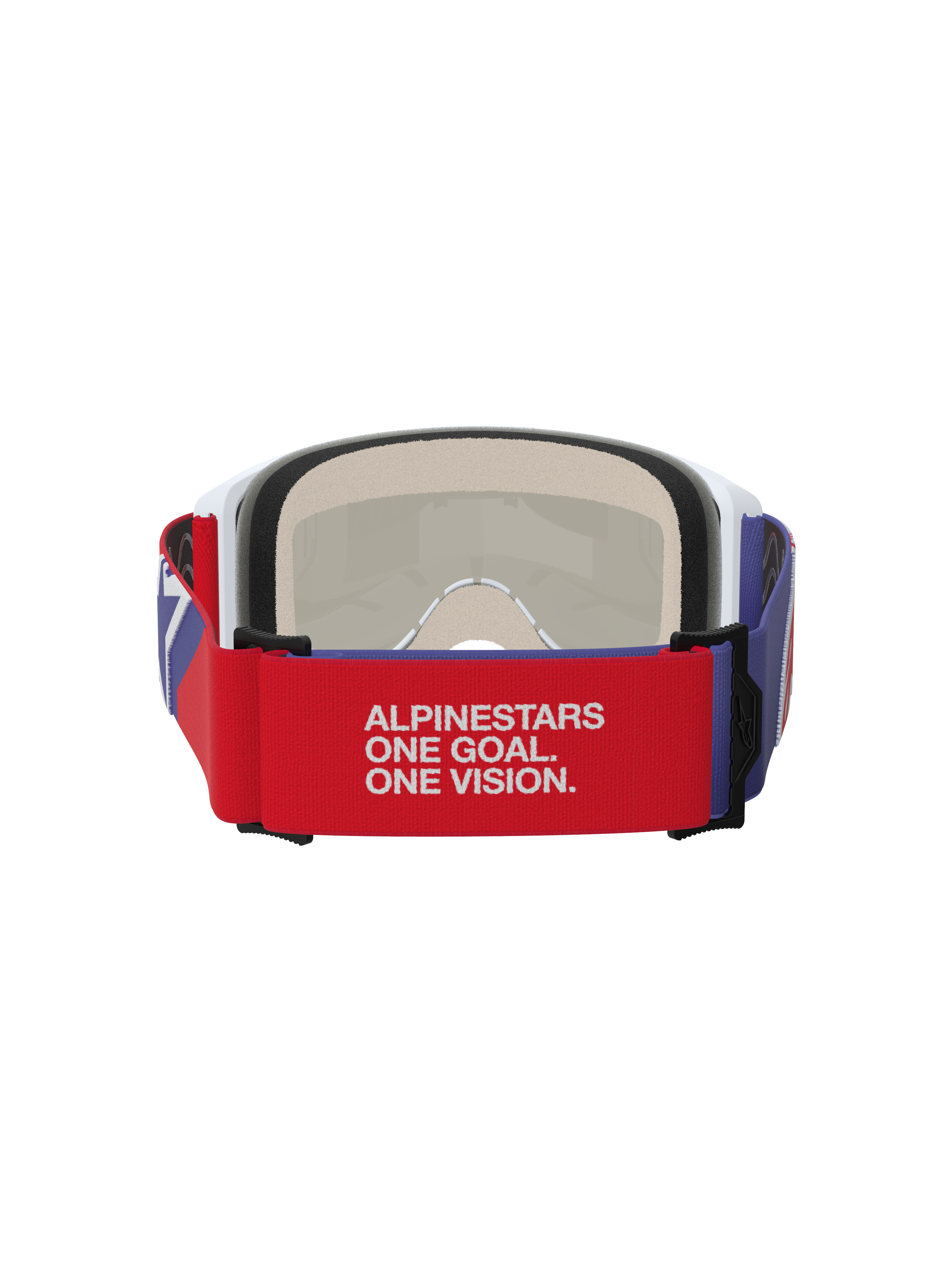 Alpinestars Vision 5 Corp Brille, Motocross-Brille, Rot und Lila, Rückansicht mit rotem elastischem Band mit weißem 'ALPINESTARS ONE GOAL. ONE VISION.' Slogan, weißer Rahmen mit beigem mehrstufigem Gesichtsschaum, strapazierfähiger Offroad-Augenschutz