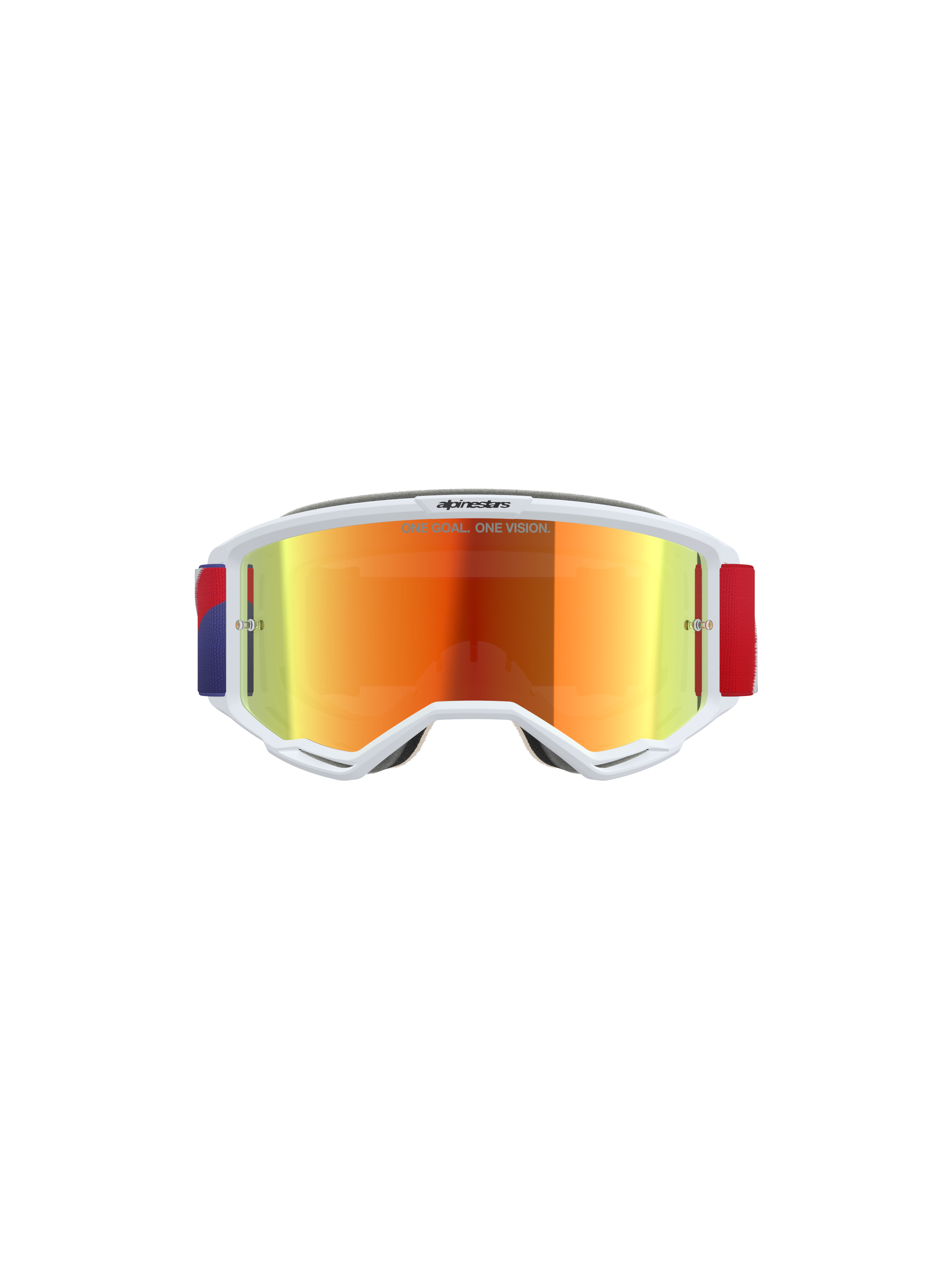 Alpinestars Vision 5 Corp Schutzbrille, Motocross-Brille, weißer Rahmen mit violett verspiegeltem, rot getöntem Glas, verstellbares rotes und violettes Band, mit „ONE GOAL. ONE VISION.“ Schriftzug auf dem Glas, Hochleistungs-Schutzausrüstung für Offroad-Rennsport