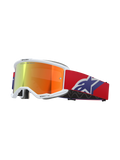 Alpinestars Vision 5 Corp Goggles, weißer Rahmen mit orange-lila verspiegelter Linse, „ONE GOAL. ONE VISION.“ Branding, rotes Brillenband mit blau-weißem Stern-Logo, Motocross-Brille