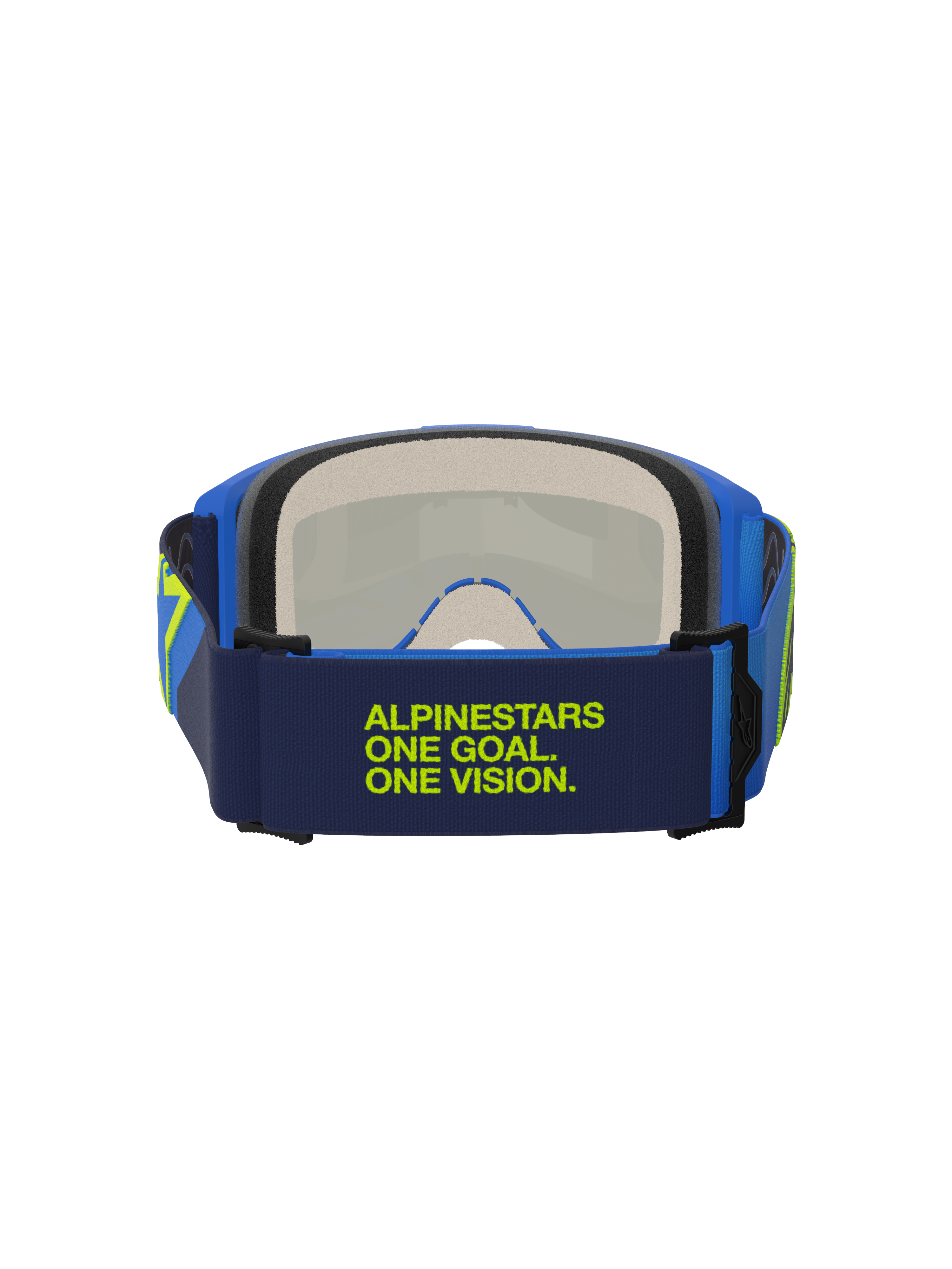 Alpinestars Vision 5 Corp Goggles, Blau und Gelb Fluo, Rückansicht mit dunkelblauem Band und limettengrünem „Alpinestars One Goal One Vision“ Schriftzug, blauer Rahmen und mehrschichtiger Gesichtsschaum, Motocross-Schutzbrille