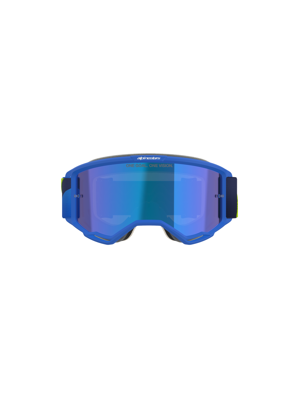 Alpinestars Vision 5 Corp Goggle, Motocross-Brille, Blau und Gelb Fluo, Mirror Blue Glas mit „ONE GOAL. ONE VISION.“ Text, Vorderansicht, hochflexibler A-FLEX Urethan-Rahmen, schützende Augenausrüstung für Offroad-Performance