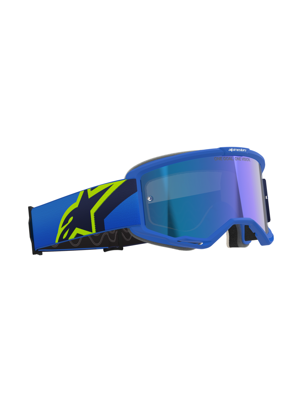 Alpinestars Vision 5 Corp Goggles, Motocross-Brille, Blau und Gelb Fluo mit Mirror Blue Glas, blaues Band mit großem gelben Fluo-Stern-Logo, 'ONE GOAL. ONE VISION.' Schriftzug auf dem Glas, professioneller Offroad-Augenschutz
