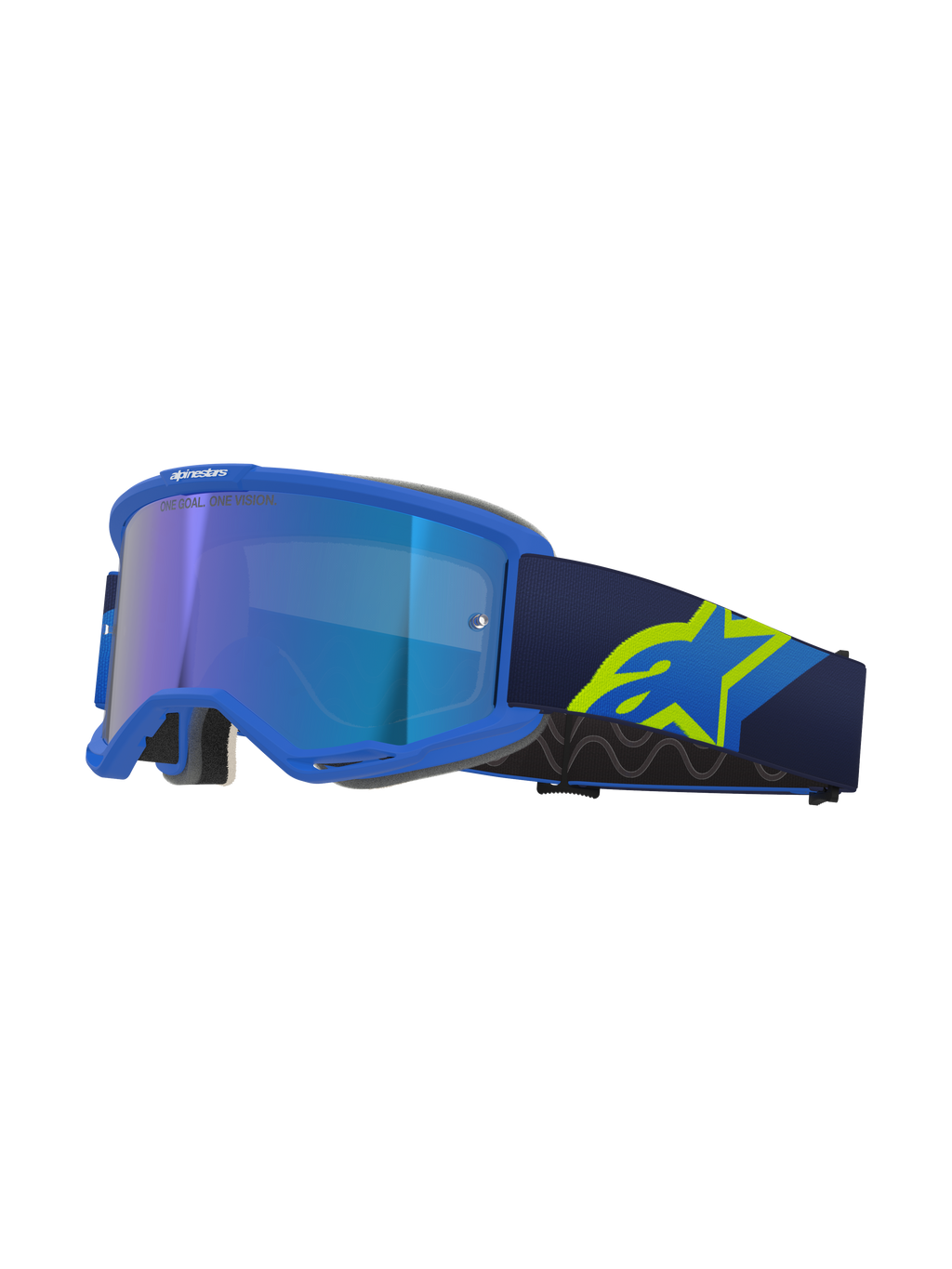Alpinestars Vision 5 Corp Goggles, Motocross-Brille, blauer Rahmen mit verspiegelter blauer Scheibe, dunkelblaues Band mit großem neongelben A-Star-Logo, Profilansicht mit belüftetem Rahmen und grauem Gesichtsschaum, „ONE GOAL. ONE VISION.“ Branding