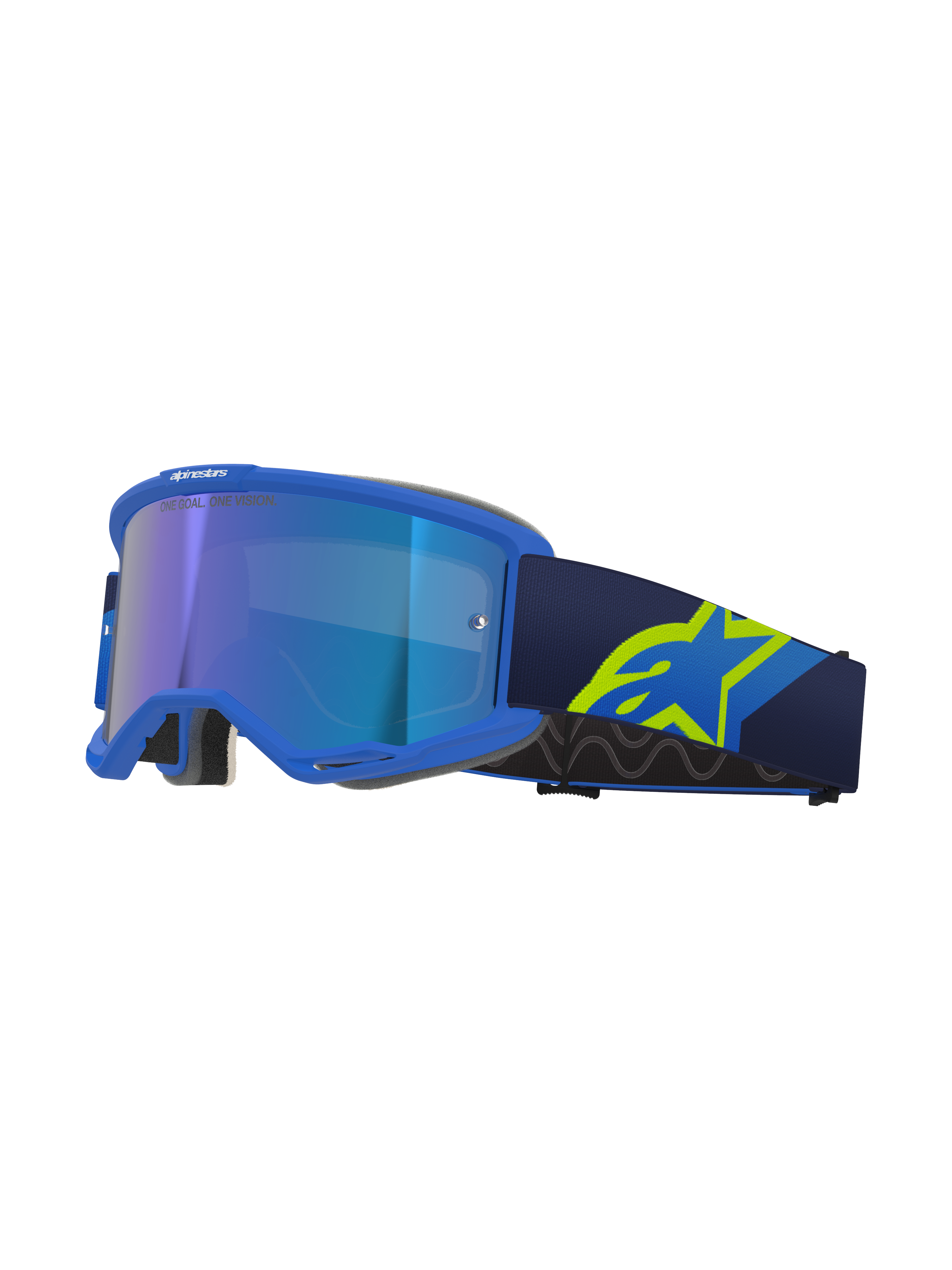 Alpinestars Vision 5 Corp Goggles, Motocross-Brille, blauer Rahmen mit verspiegelter blauer Scheibe, dunkelblaues Band mit großem neongelben A-Star-Logo, Profilansicht mit belüftetem Rahmen und grauem Gesichtsschaum, „ONE GOAL. ONE VISION.“ Branding