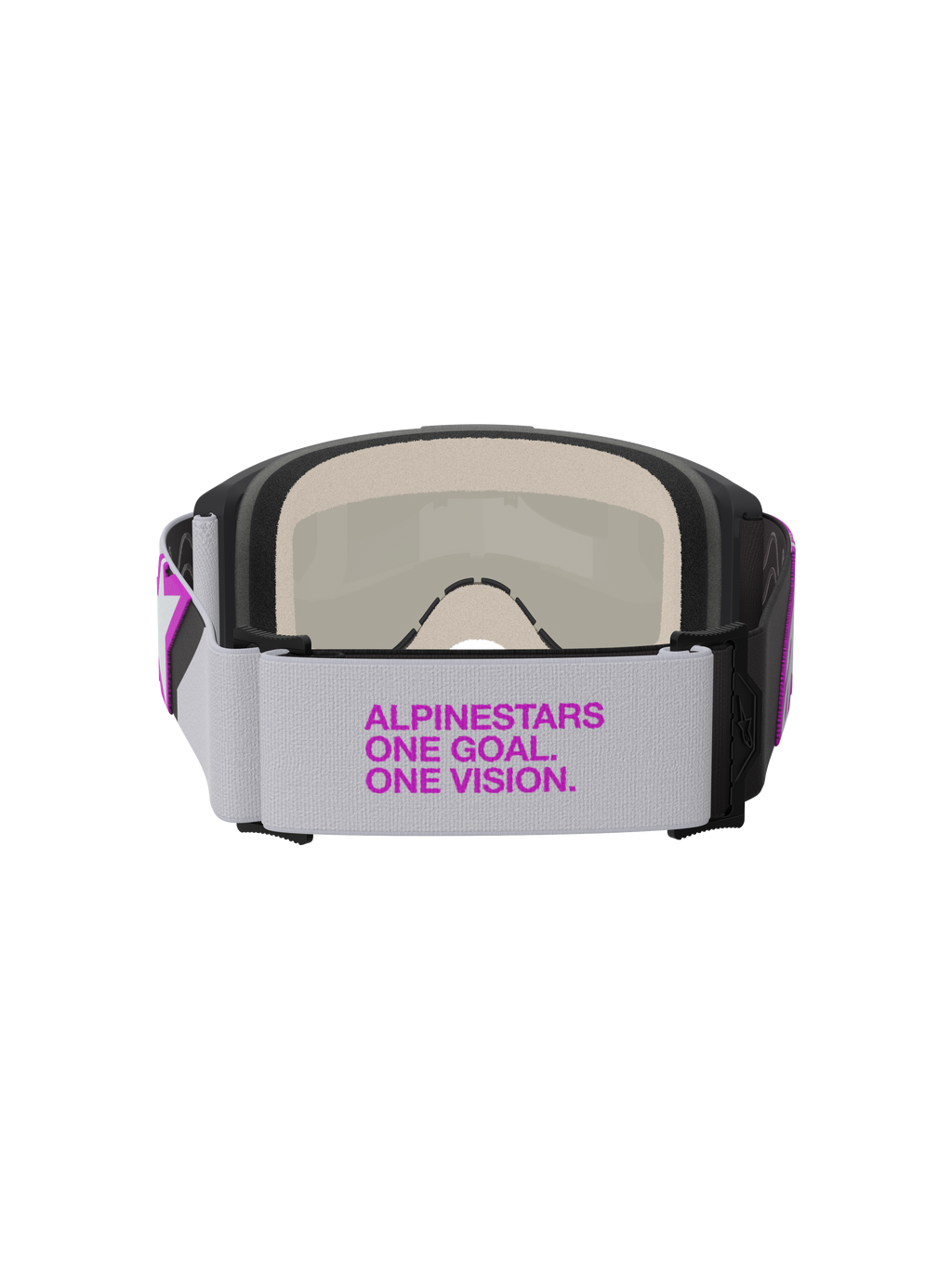 Alpinestars Vision 5 Corp Schutzbrille, Motocross-Brille, Hellgrau und Purple Mirror Silver, Rückansicht mit breitem gewebtem Band und lila Branding, mehrlagigem Gesichtsschaum und robuster Rahmenkonstruktion
