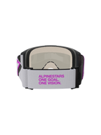 Alpinestars Vision 5 Corp Schutzbrille, Motocross-Brille, Hellgrau und Purple Mirror Silver, Rückansicht mit breitem gewebtem Band und lila Branding, mehrlagigem Gesichtsschaum und robuster Rahmenkonstruktion