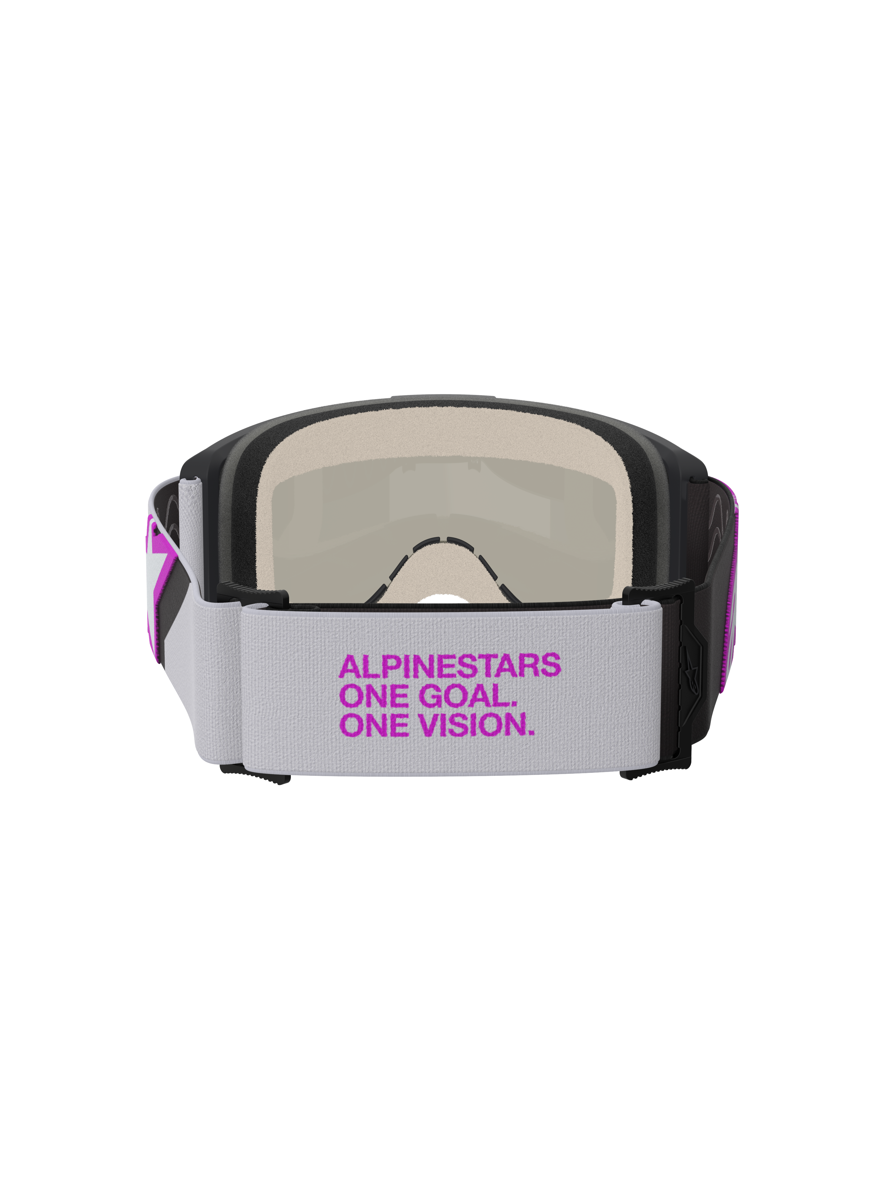 Alpinestars Vision 5 Corp Schutzbrille, Motocross-Brille, Hellgrau und Purple Mirror Silver, Rückansicht mit breitem gewebtem Band und lila Branding, mehrlagigem Gesichtsschaum und robuster Rahmenkonstruktion