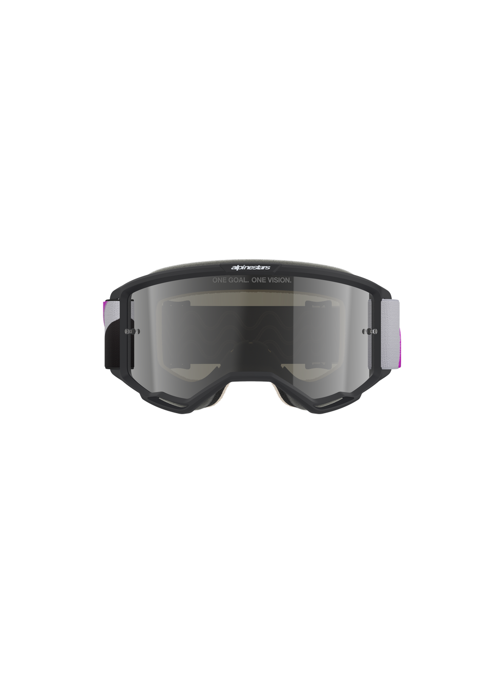 Alpinestars Vision 5 Corp Schutzbrille, Motocross-Brille, hellgrauer Rahmen mit Purple Mirror Silver Brillenglas, Vorderansicht mit „ONE GOAL. ONE VISION.“ Schriftzug, verstellbares gewebtes Band in Grau und Lila, leistungsstarker Offroad-Augenschutz