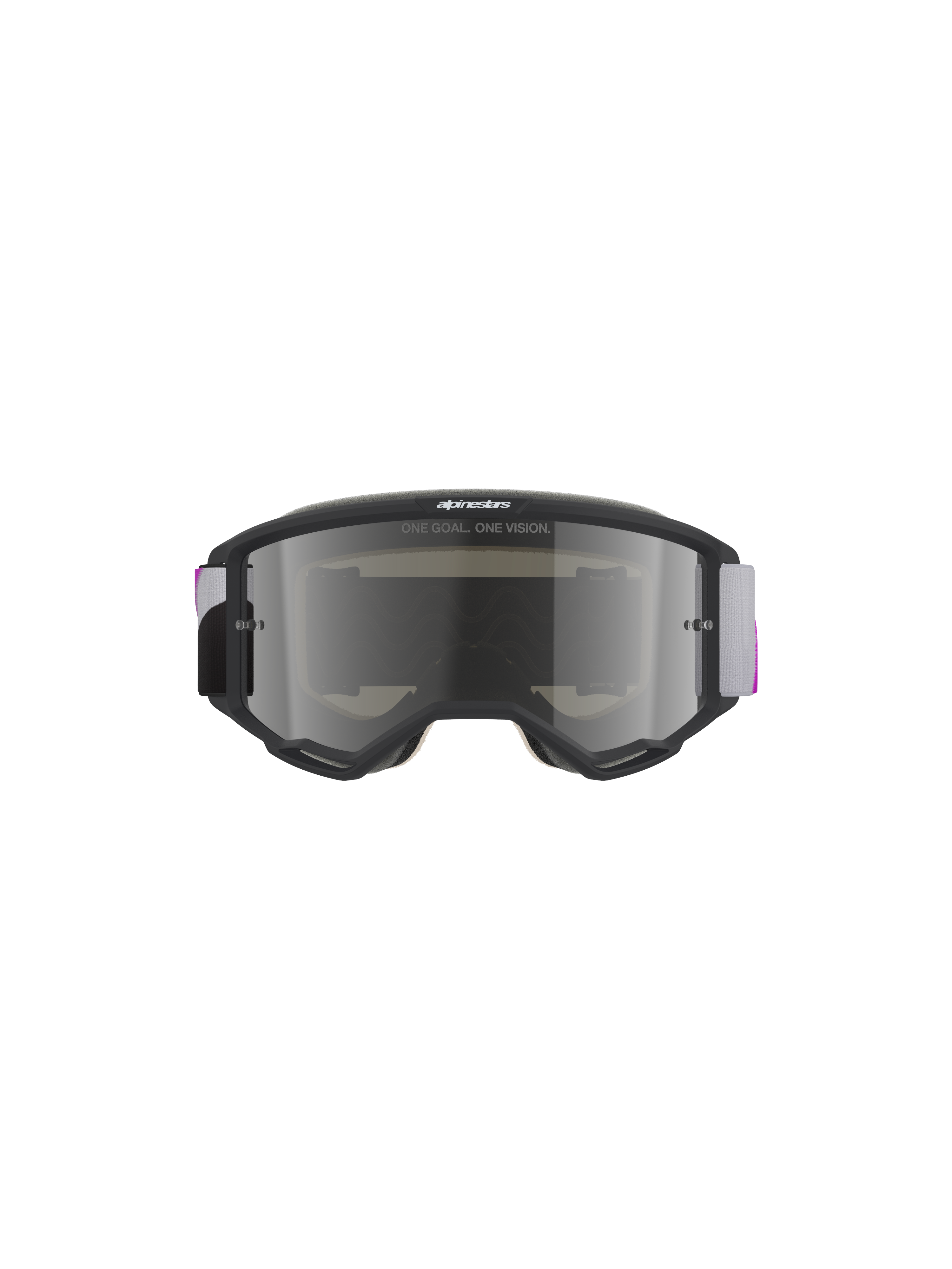 Alpinestars Vision 5 Corp Schutzbrille, Motocross-Brille, hellgrauer Rahmen mit Purple Mirror Silver Brillenglas, Vorderansicht mit „ONE GOAL. ONE VISION.“ Schriftzug, verstellbares gewebtes Band in Grau und Lila, leistungsstarker Offroad-Augenschutz