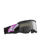 Alpinestars Vision 5 Corp Goggles, hellgrauer Rahmen mit Purple Mirror Silver Glas, Motocross-Brille mit schwarzem Band und großem weiß-lila Astars-Logo, professionelle Offroad-Rennausrüstung