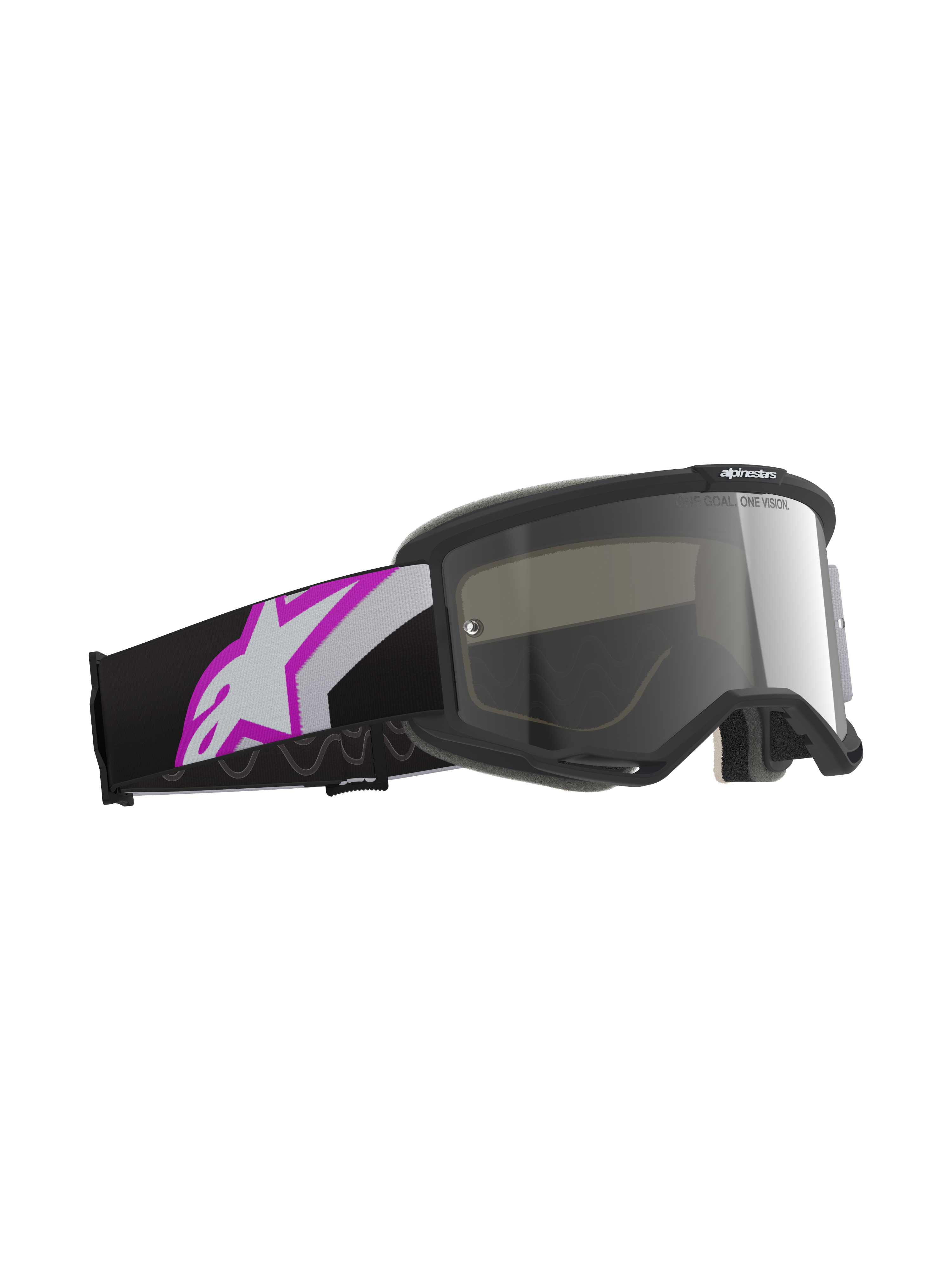 Alpinestars Vision 5 Corp Goggles, hellgrauer Rahmen mit Purple Mirror Silver Glas, Motocross-Brille mit schwarzem Band und großem weiß-lila Astars-Logo, professionelle Offroad-Rennausrüstung