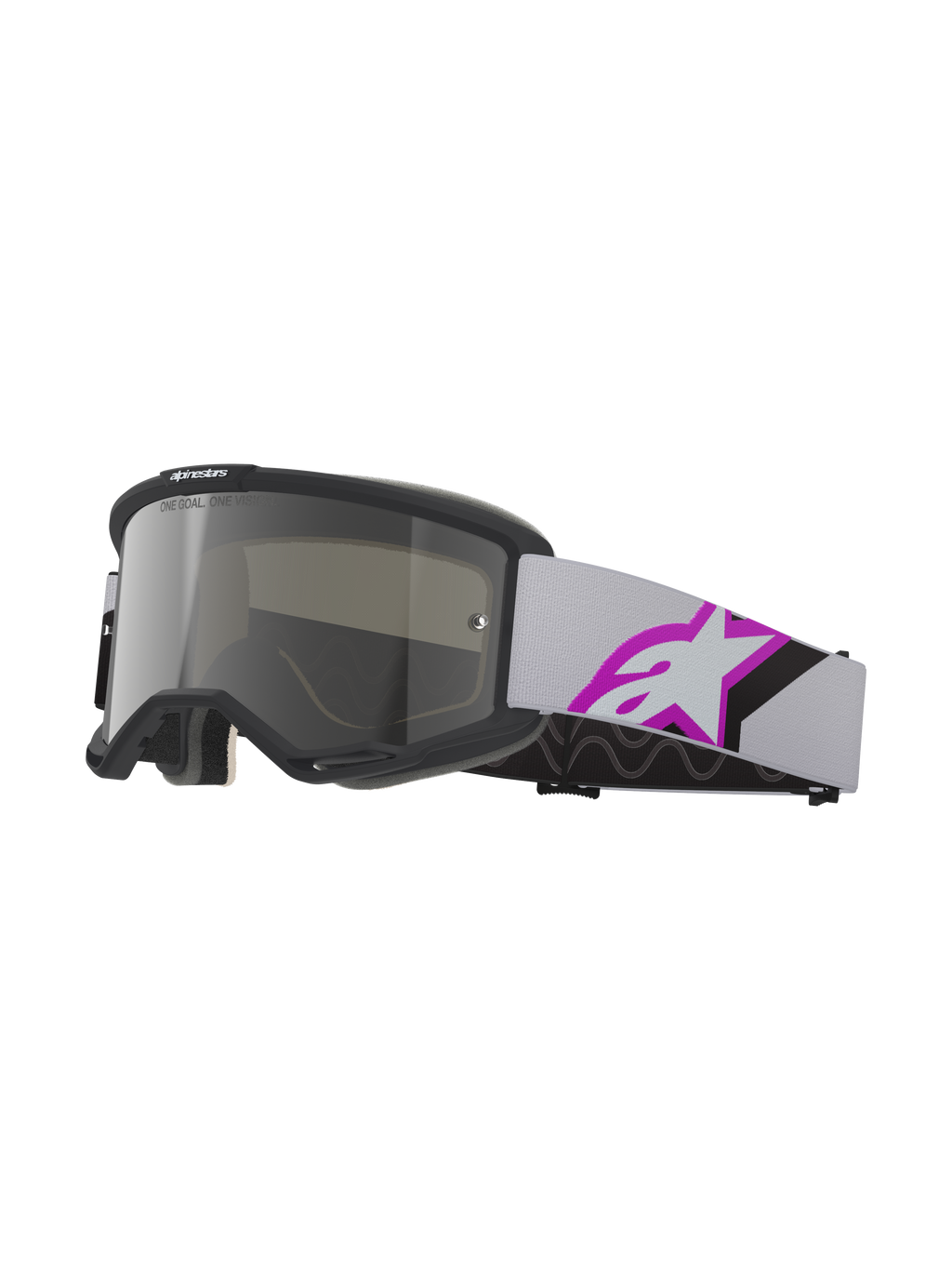 Alpinestars Vision 5 Corp Brille, Motocross-Schutzbrille, Hellgrau und Lila-Silber verspiegelt, schwarzer Rahmen mit silber verspiegelter Scheibe, hellgraues gewebtes Band mit großem lila-schwarzem Stern-Logo, mehrlagiger Gesichtsschaum für eine präzise Passform, professioneller Offroad-Augenschutz